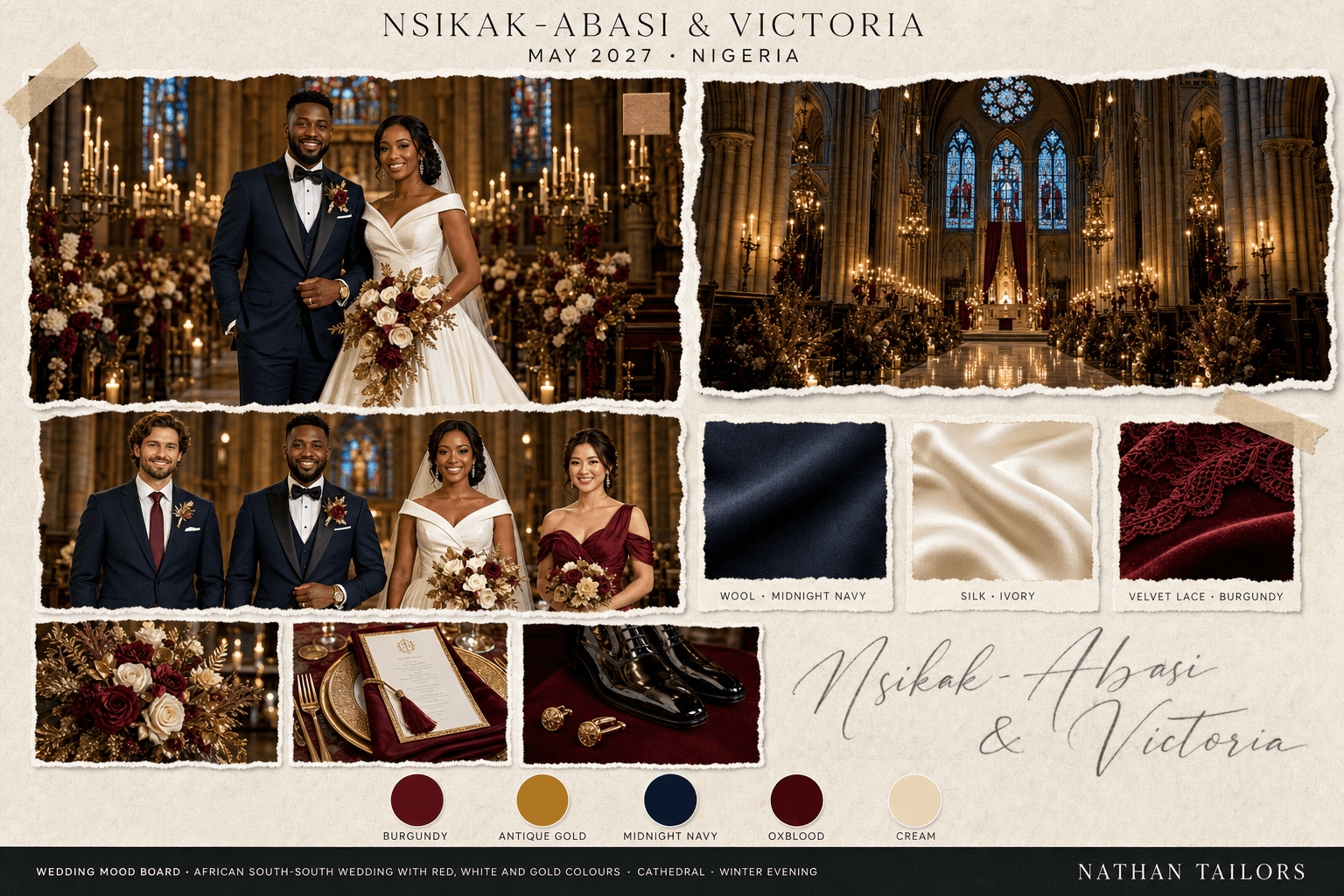 Burgundy, Gold & Deep Navy cathedral wedding attire mood board — custom wedding attire mood board with bespoke groom suit and custom tailored bridesmaid dresses by Nathan Tailors, the Hoi An custom tailor. Burgundy, Gold & Deep Navy palette, cathedral venue, winter evening light.