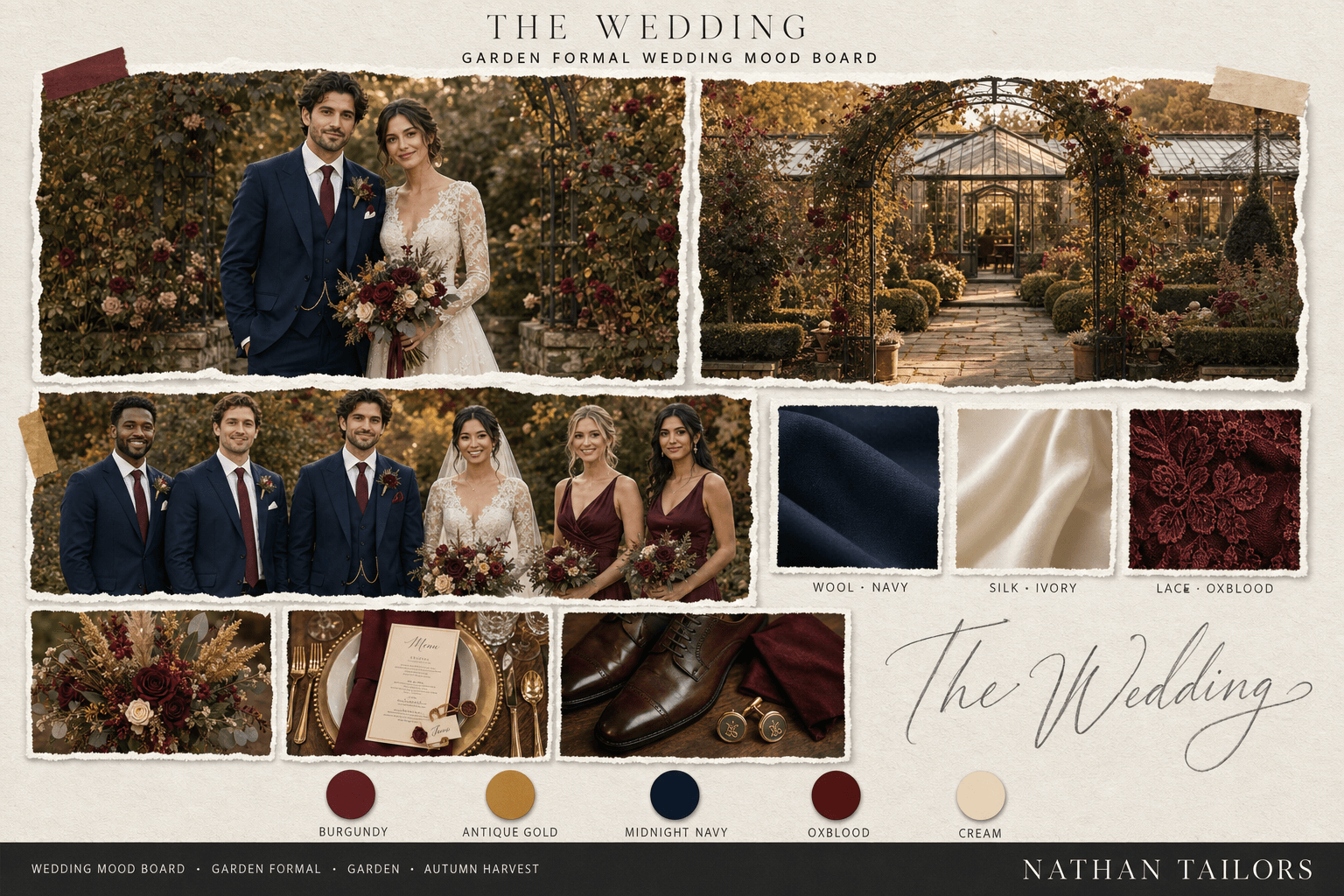 Burgundy, Gold & Deep Navy garden wedding attire mood board — custom wedding attire mood board with bespoke groom suit and custom tailored bridesmaid dresses by Nathan Tailors, the Hoi An custom tailor. Burgundy, Gold & Deep Navy palette, garden venue, autumn harvest light.