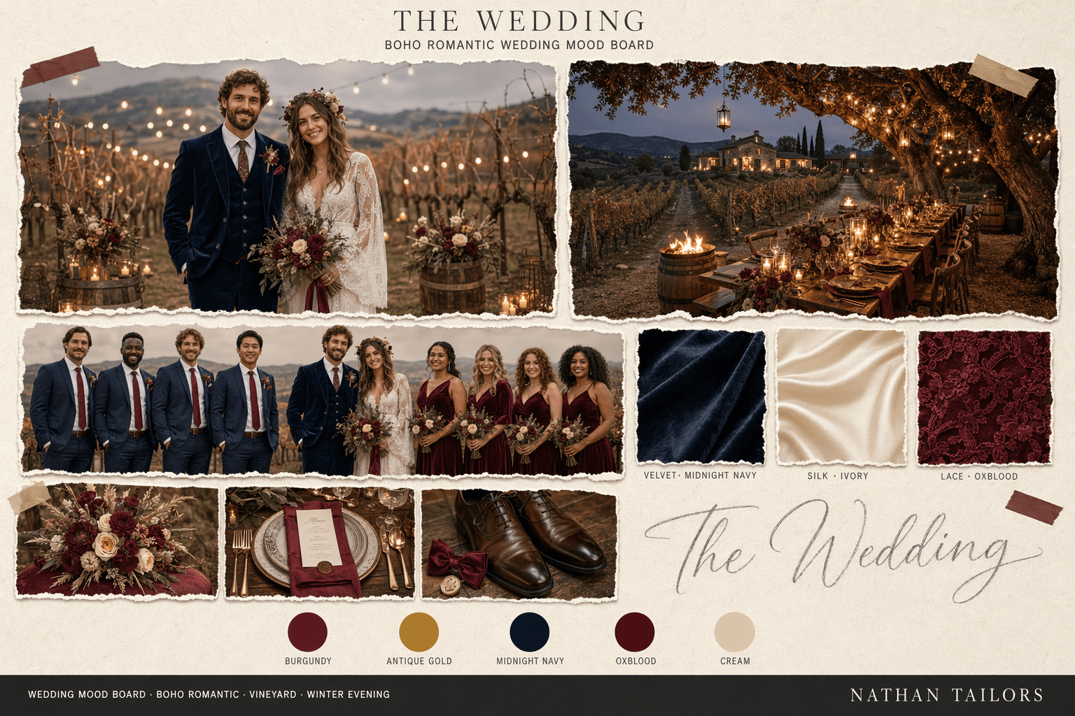 Burgundy, Gold & Deep Navy vineyard wedding attire mood board — Nathan Tailors
