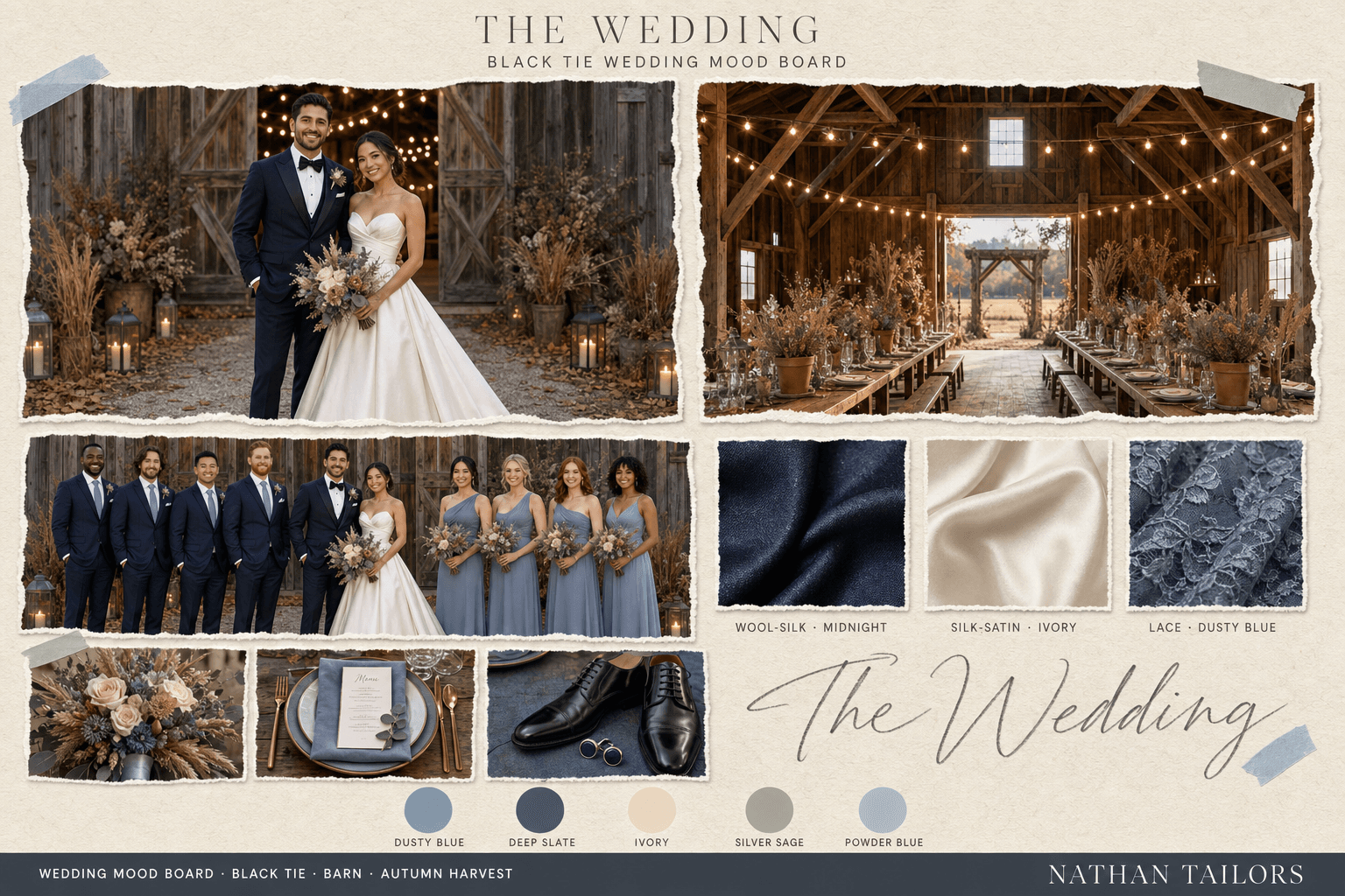 Dusty Blue & Ivory barn wedding attire mood board — custom wedding attire mood board with bespoke groom suit and custom tailored bridesmaid dresses by Nathan Tailors, the Hoi An custom tailor. Dusty Blue & Ivory palette, barn venue, autumn harvest light.