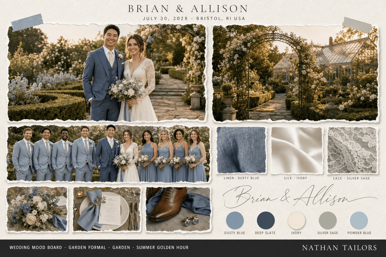 Dusty Blue & Ivory garden wedding attire mood board — custom wedding attire mood board with bespoke groom suit and custom tailored bridesmaid dresses by Nathan Tailors, the Hoi An custom tailor. Dusty Blue & Ivory palette, garden venue, summer golden hour light.
