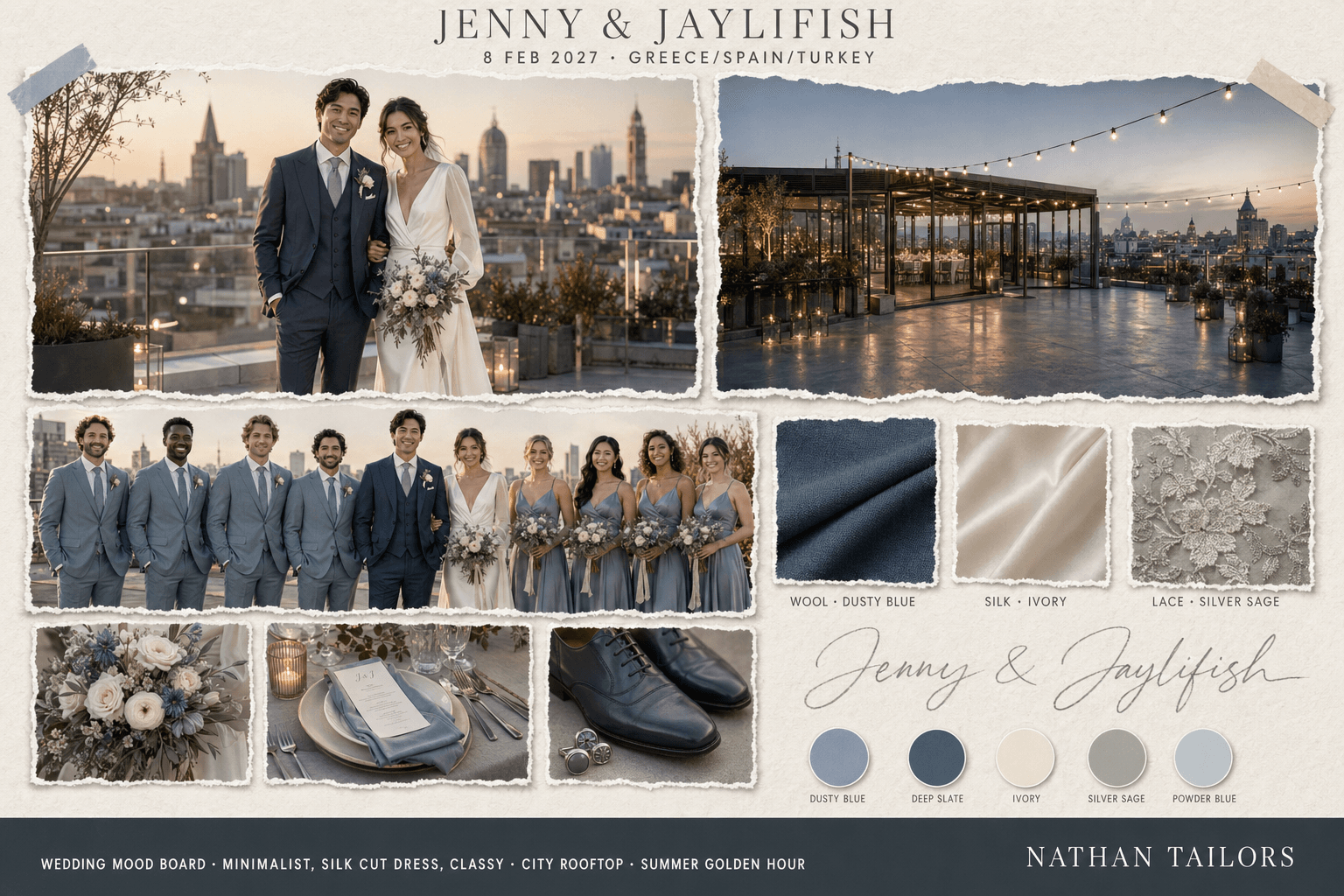 Dusty Blue & Ivory city rooftop wedding attire mood board — custom wedding attire mood board by Nathan Tailors. Dusty Blue & Ivory palette, city rooftop venue, summer golden hour light. Hoi An tailor.