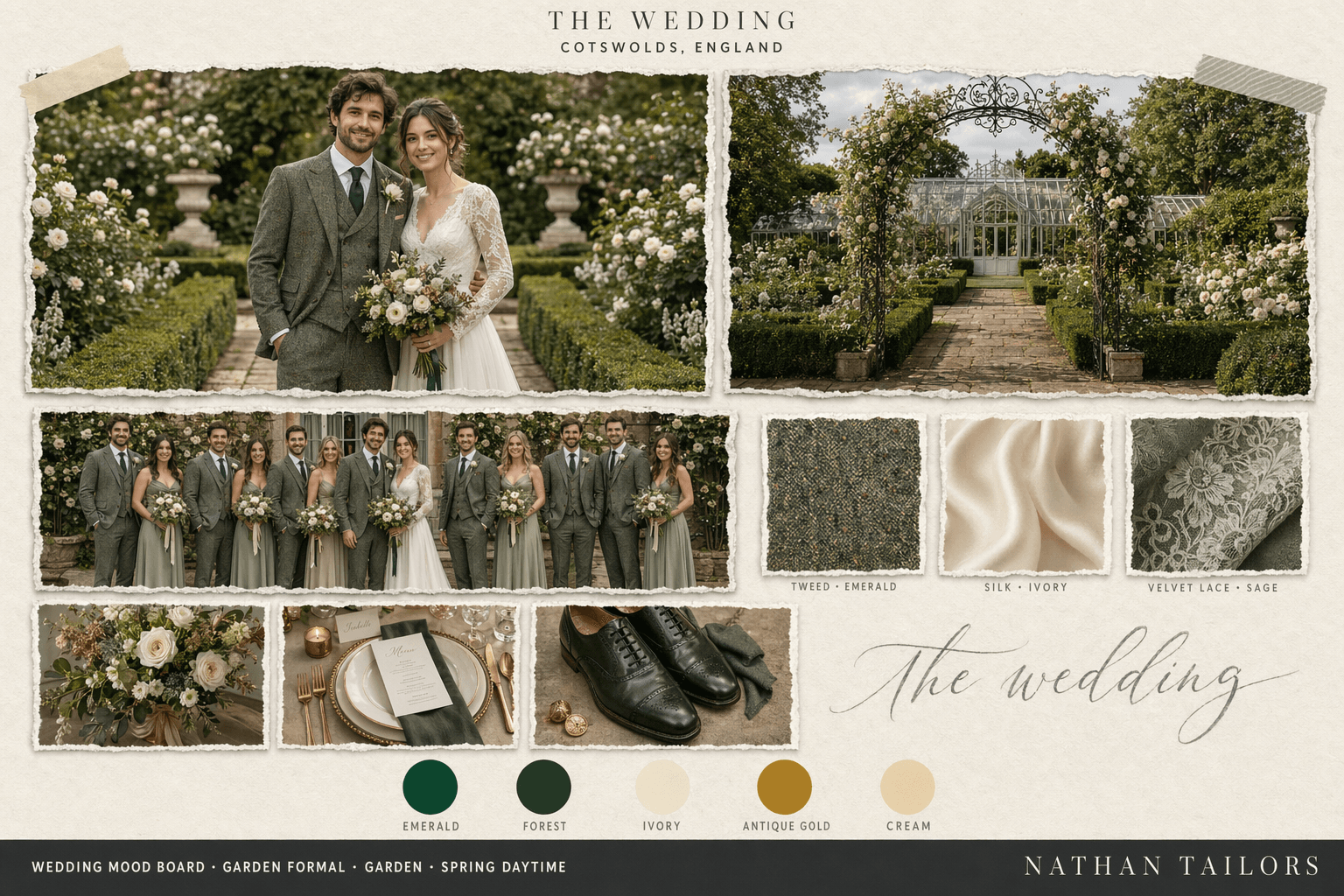 Emerald, Ivory & Gold garden wedding attire mood board — Nathan Tailors