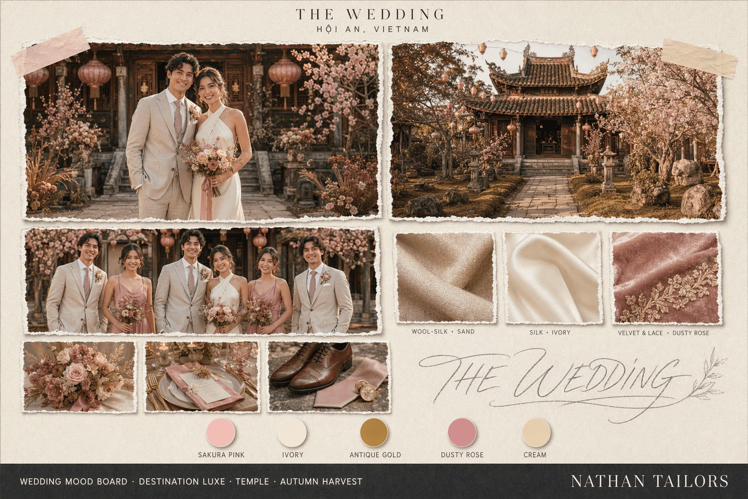 Sakura Pink, Ivory & Gold temple wedding attire mood board — Nathan Tailors