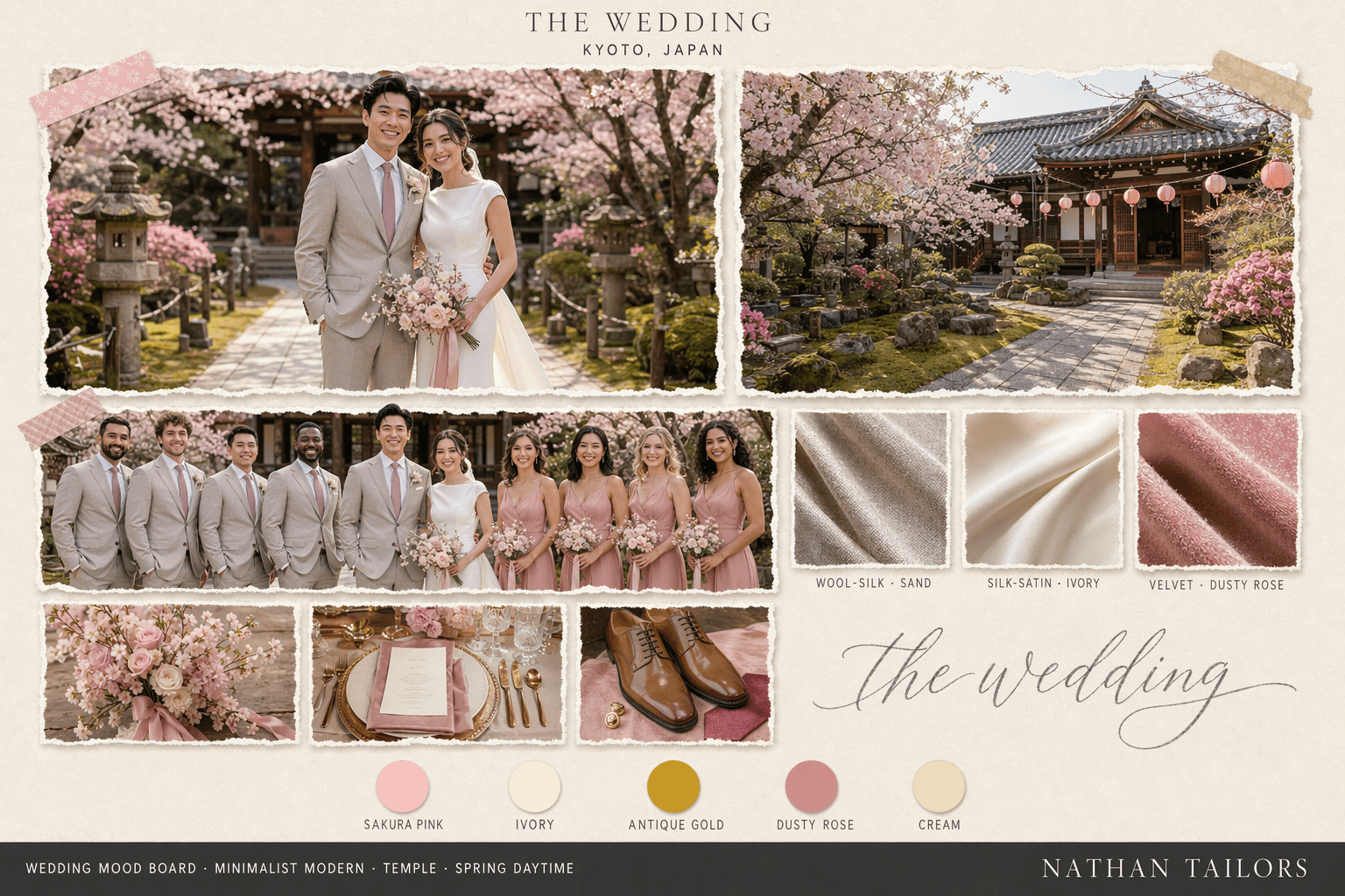 Sakura Pink, Ivory & Gold temple wedding attire mood board — Nathan Tailors