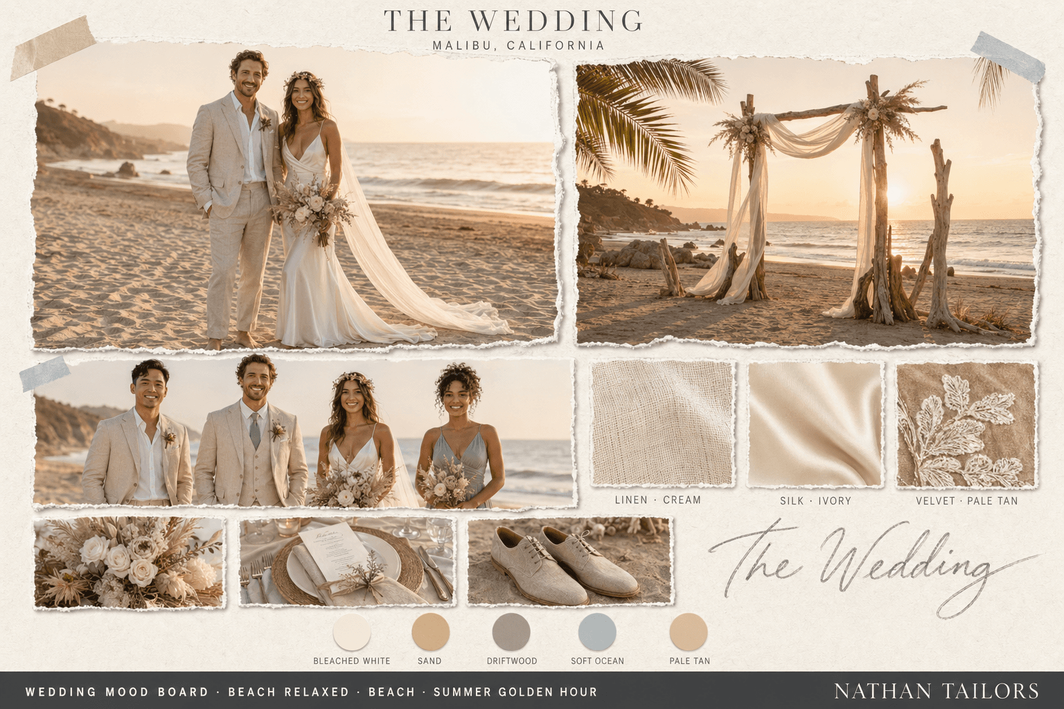 Malibu Beach — Coastal White, Sand & Driftwood beach wedding attire mood board — custom wedding attire mood board by Nathan Tailors. Coastal White, Sand & Driftwood palette, beach venue, summer golden hour light. Hoi An tailor.