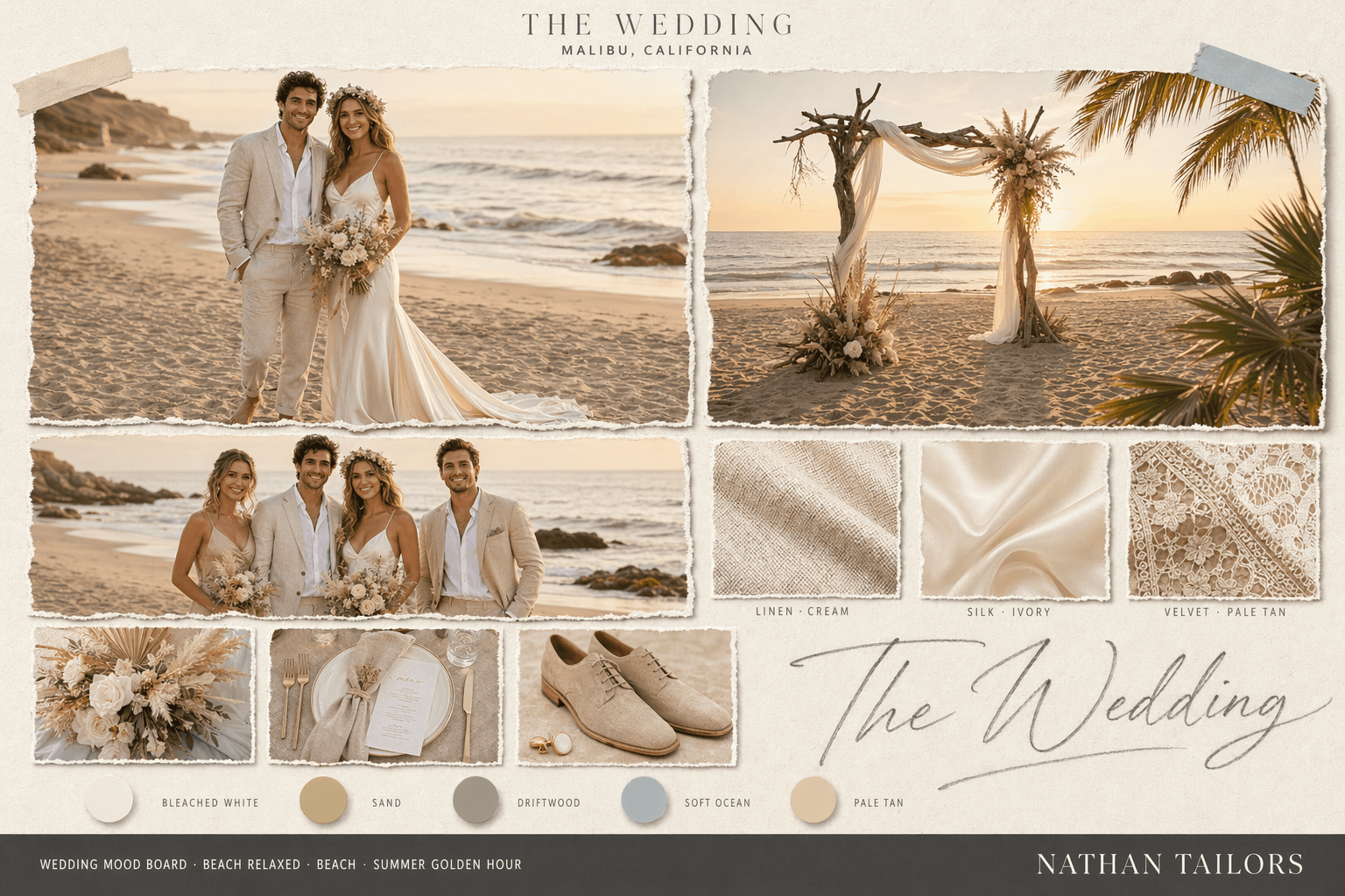 Coastal White, Sand & Driftwood beach wedding attire mood board — Nathan Tailors