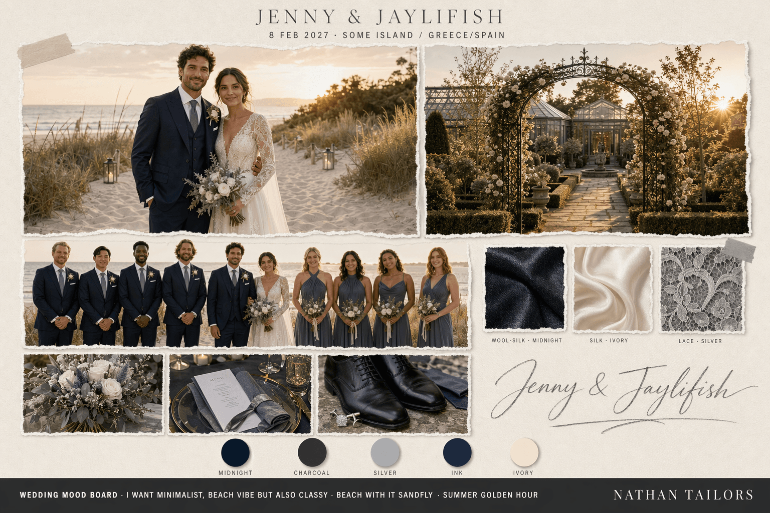 Midnight, Charcoal & Silver garden wedding attire mood board — Nathan Tailors