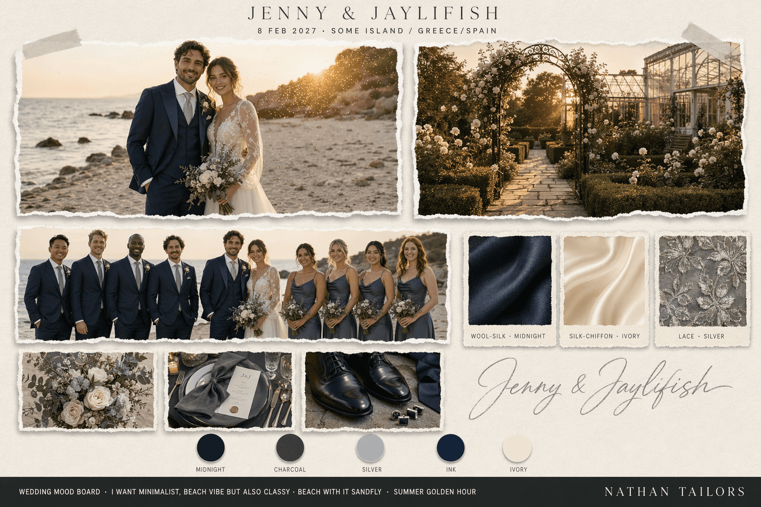 Midnight, Charcoal & Silver garden wedding attire mood board — Nathan Tailors