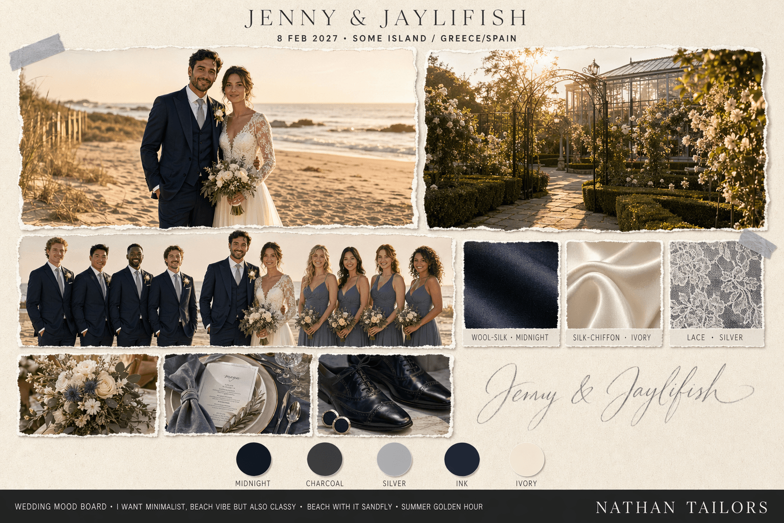 Midnight, Charcoal & Silver garden wedding attire mood board — Nathan Tailors