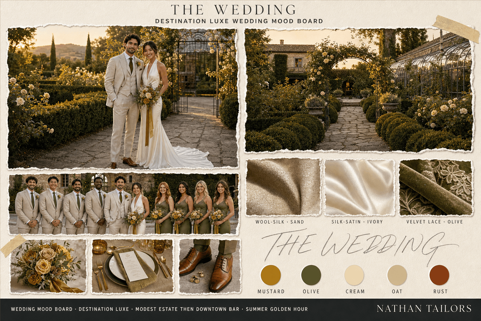 Mustard, Olive & Cream garden wedding attire mood board — custom wedding attire mood board with bespoke groom suit and custom tailored bridesmaid dresses by Nathan Tailors, the Hoi An custom tailor. Mustard, Olive & Cream palette, garden venue, summer golden hour light.