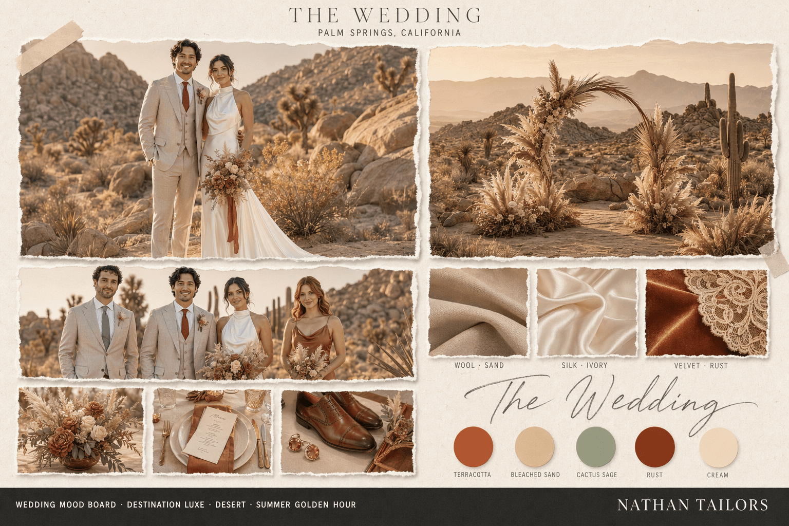 Desert Terracotta & Bleached Sand desert wedding attire mood board — Nathan Tailors