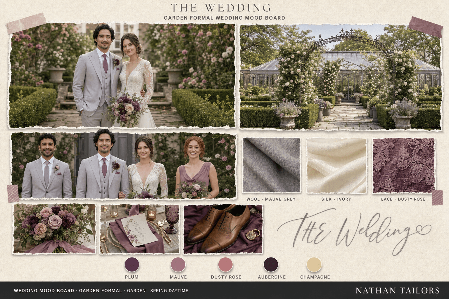 Plum, Mauve & Dusty Rose garden wedding attire mood board — custom wedding attire mood board with bespoke groom suit and custom tailored bridesmaid dresses by Nathan Tailors, the Hoi An custom tailor. Plum, Mauve & Dusty Rose palette, garden venue, spring daytime light.