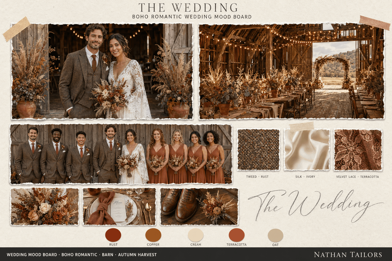 Rust, Copper & Cream barn wedding attire mood board — custom wedding attire mood board by Nathan Tailors. Rust, Copper & Cream palette, barn venue, autumn harvest light. Hoi An tailor.