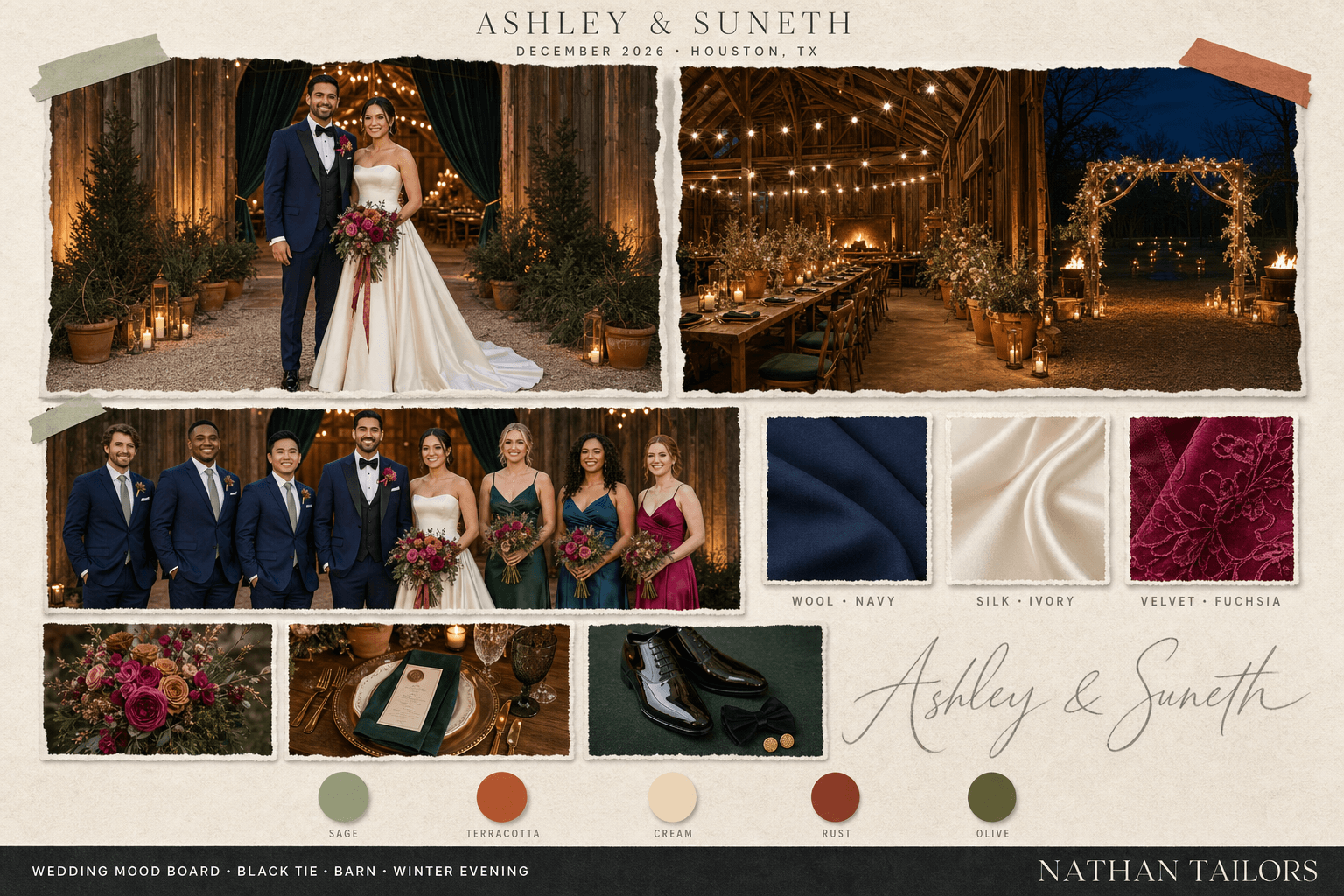 Sage, Terracotta & Cream barn wedding attire mood board — custom wedding attire mood board with bespoke groom suit and custom tailored bridesmaid dresses by Nathan Tailors, the Hoi An custom tailor. Sage, Terracotta & Cream palette, barn venue, winter evening light.