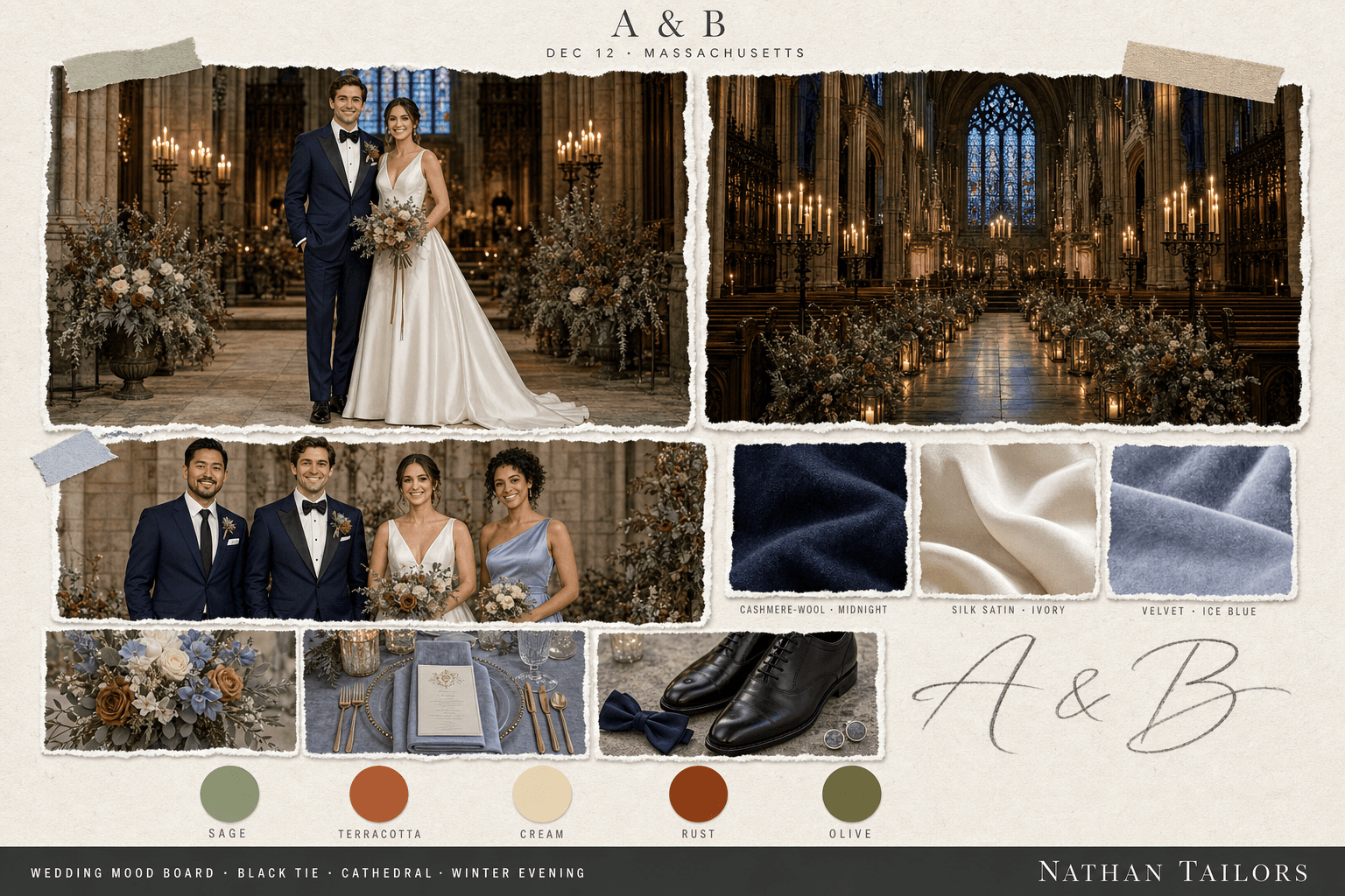 Sage, Terracotta & Cream cathedral wedding attire mood board — custom wedding attire mood board with bespoke groom suit and custom tailored bridesmaid dresses by Nathan Tailors, the Hoi An custom tailor. Sage, Terracotta & Cream palette, cathedral venue, winter evening light.