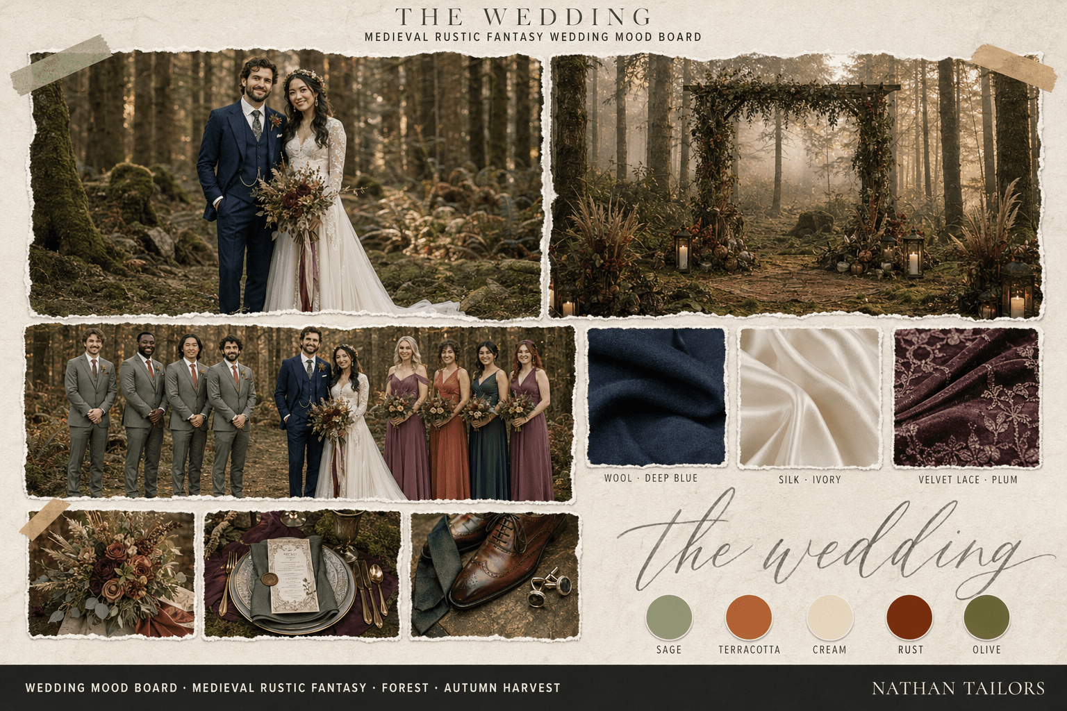 Sage, Terracotta & Cream forest wedding attire mood board — Nathan Tailors