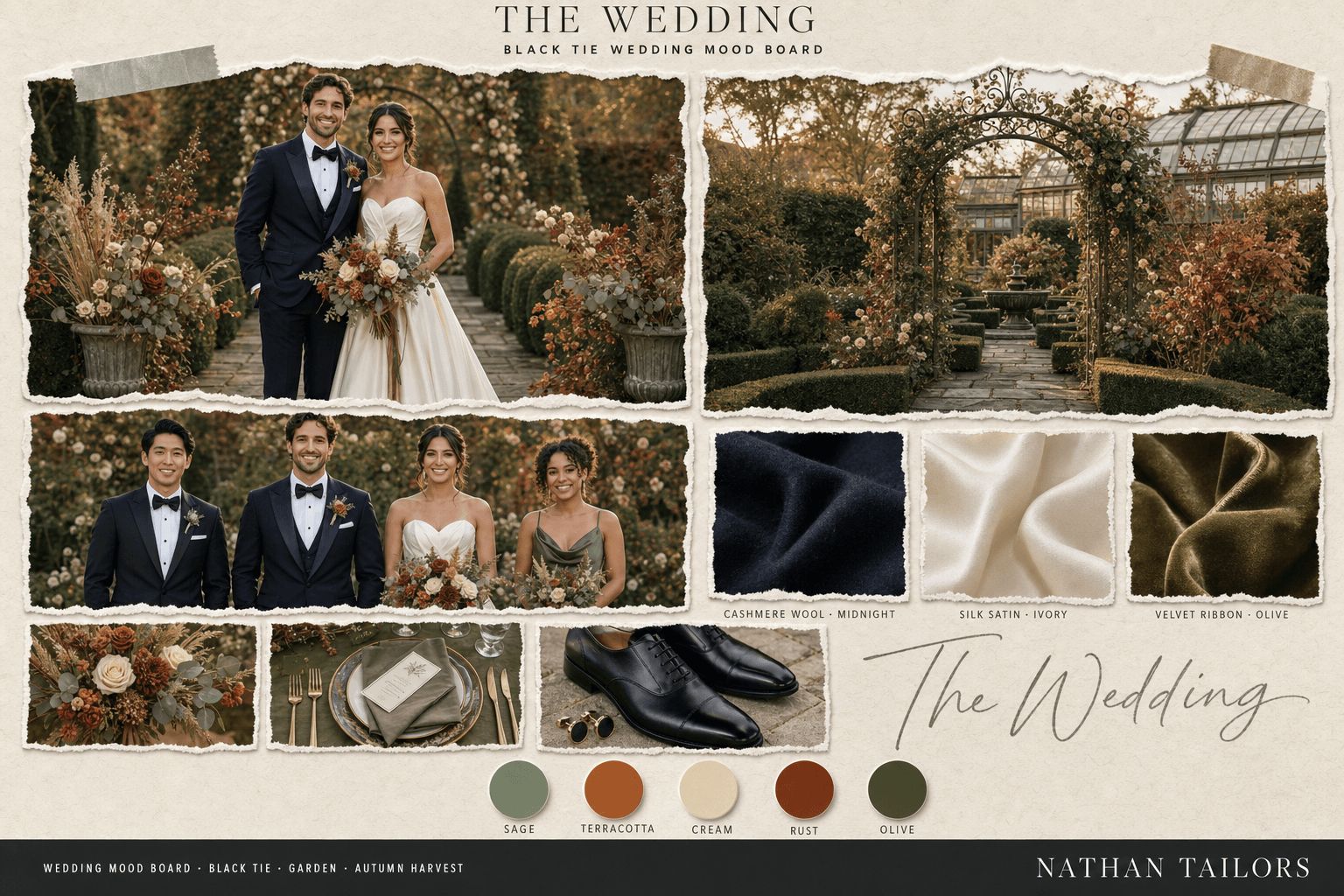 Sage, Terracotta & Cream garden wedding attire mood board — custom wedding attire mood board with bespoke groom suit and custom tailored bridesmaid dresses by Nathan Tailors, the Hoi An custom tailor. Sage, Terracotta & Cream palette, garden venue, autumn harvest light.