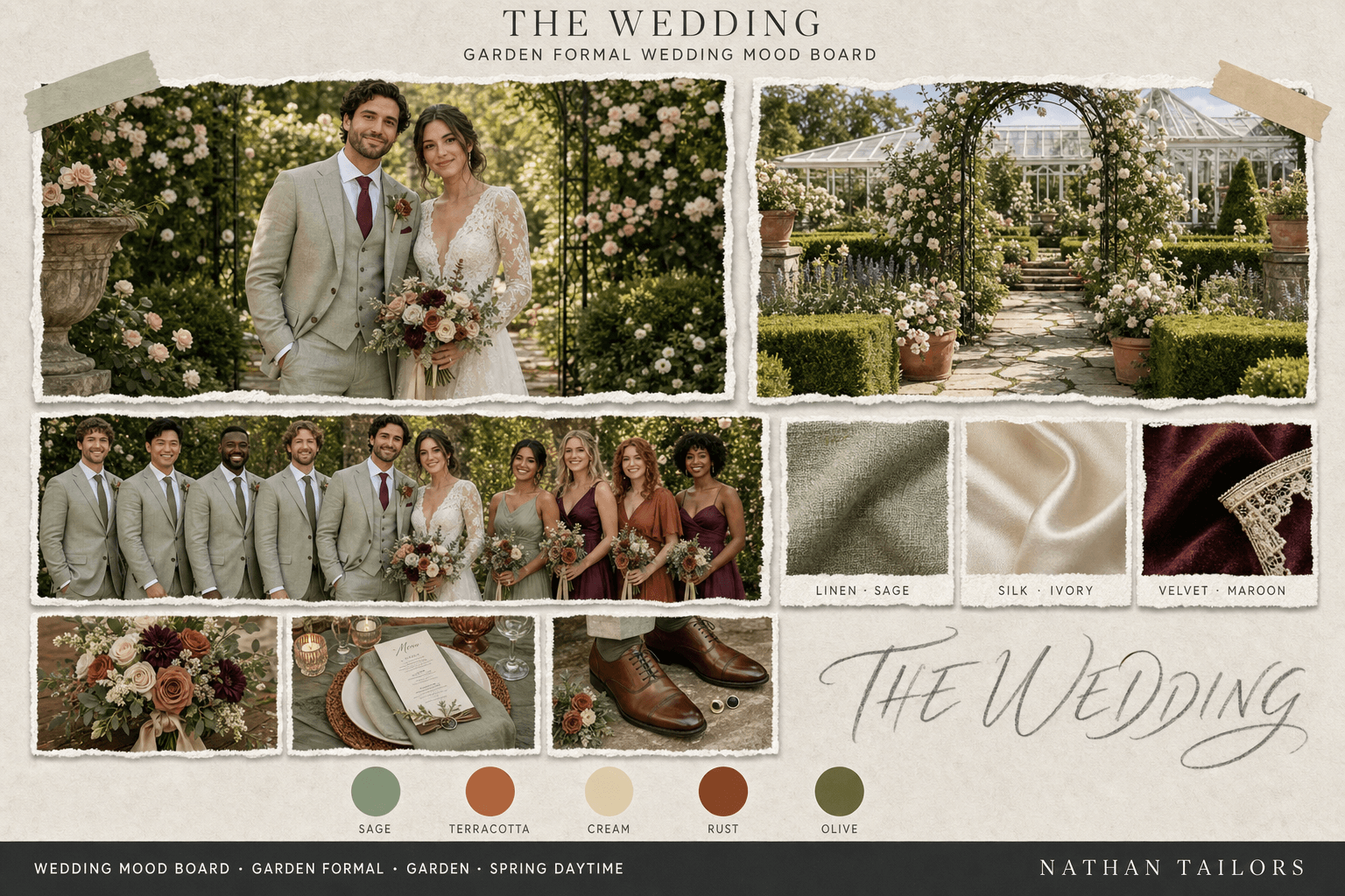 Sage, Terracotta & Cream garden wedding attire mood board — custom wedding attire mood board with bespoke groom suit and custom tailored bridesmaid dresses by Nathan Tailors, the Hoi An custom tailor. Sage, Terracotta & Cream palette, garden venue, spring daytime light.