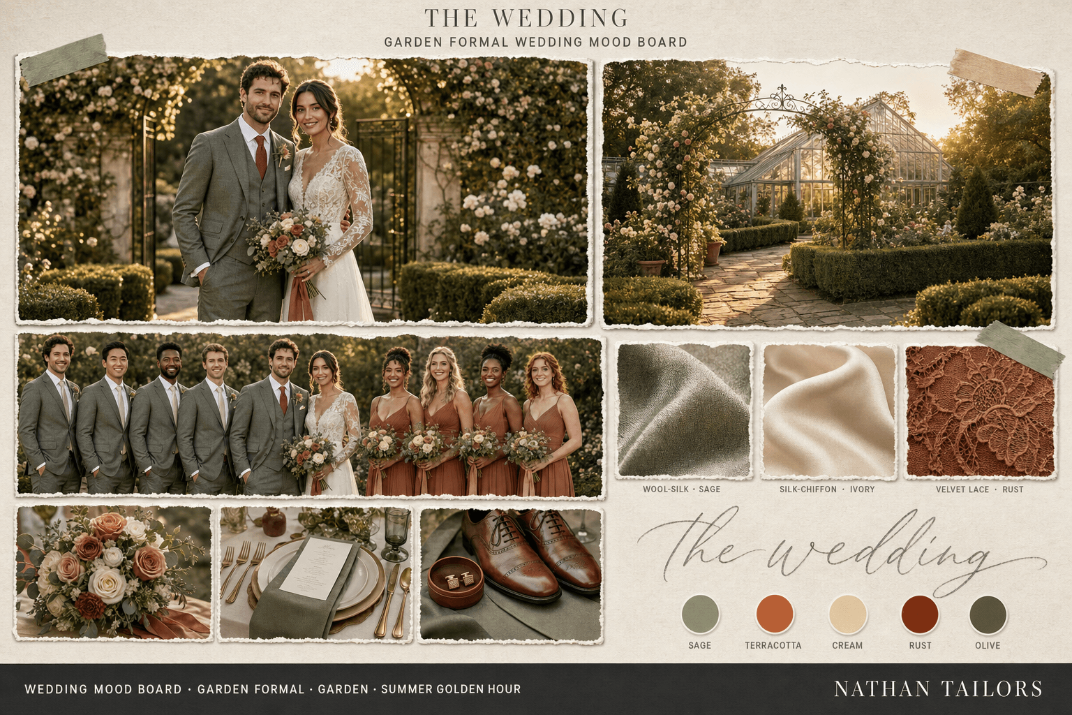 Sage, Terracotta & Cream garden wedding attire mood board — custom wedding attire mood board with bespoke groom suit and custom tailored bridesmaid dresses by Nathan Tailors, the Hoi An custom tailor. Sage, Terracotta & Cream palette, garden venue, summer golden hour light.