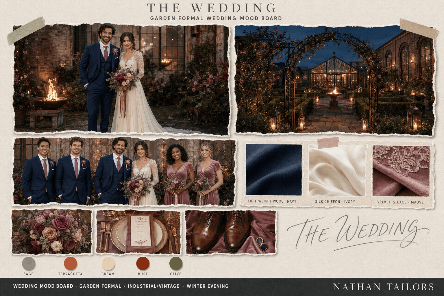 Sage, Terracotta & Cream garden wedding attire mood board — custom wedding attire mood board with bespoke groom suit and custom tailored bridesmaid dresses by Nathan Tailors, the Hoi An custom tailor. Sage, Terracotta & Cream palette, garden venue, winter evening light.