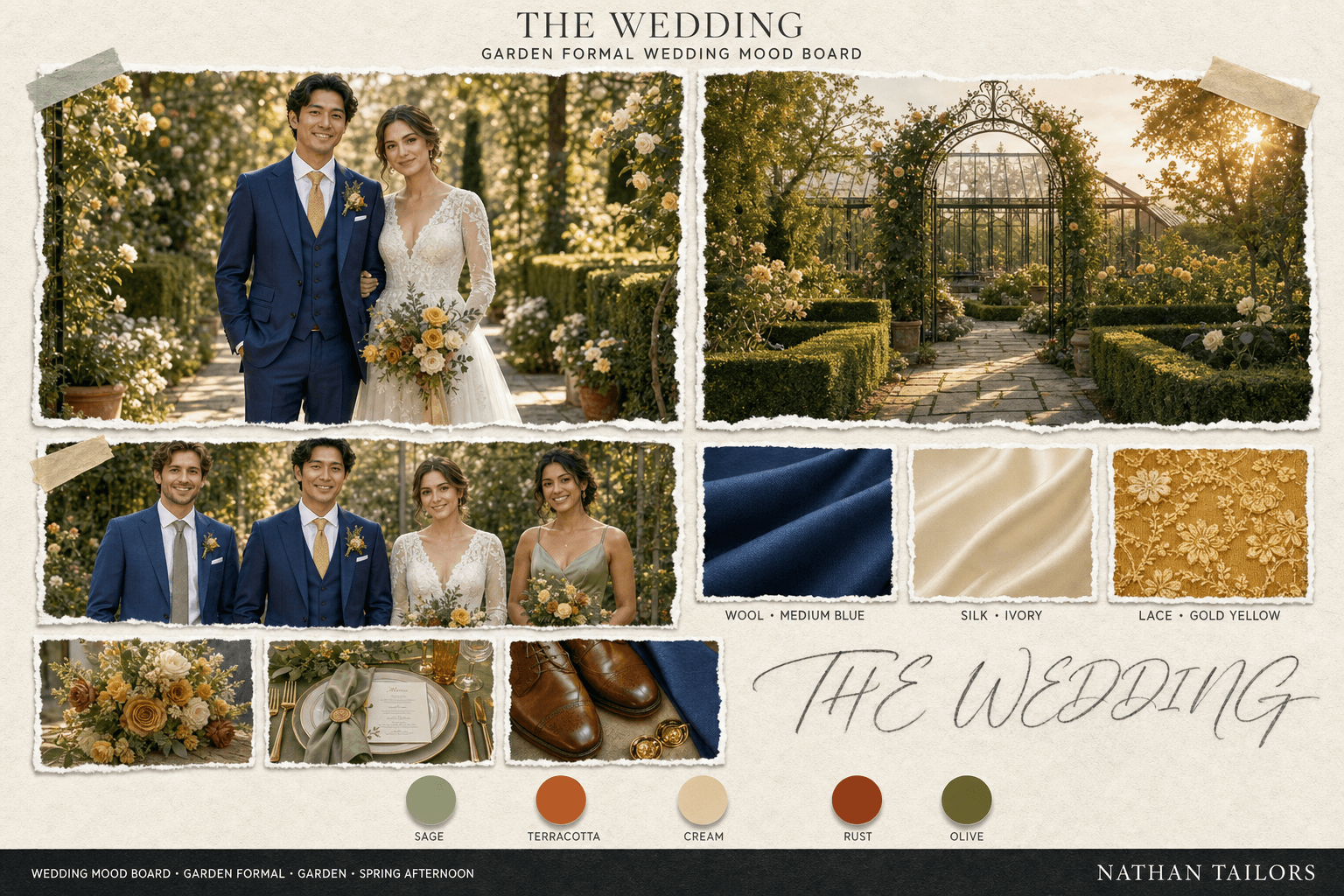 Sage, Terracotta & Cream garden bespoke wedding attire mood board — custom tailored by Nathan Tailors, the Hoi An custom tailor