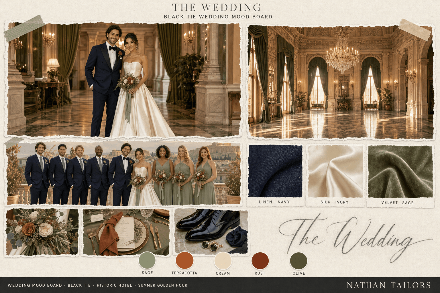 Sage, Terracotta & Cream historic hotel wedding attire mood board — custom wedding attire mood board with bespoke groom suit and custom tailored bridesmaid dresses by Nathan Tailors, the Hoi An custom tailor. Sage, Terracotta & Cream palette, historic hotel venue, summer golden hour light.