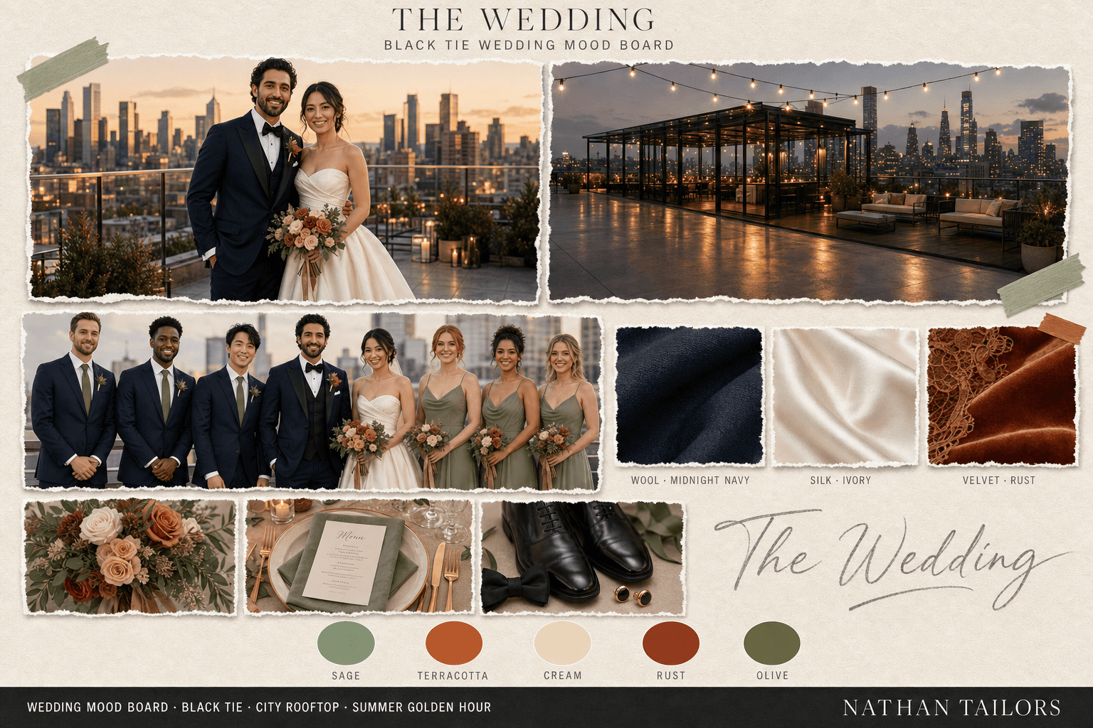 Sage, Terracotta & Cream city rooftop bespoke wedding attire mood board — custom tailored by Nathan Tailors, the Hoi An custom tailor