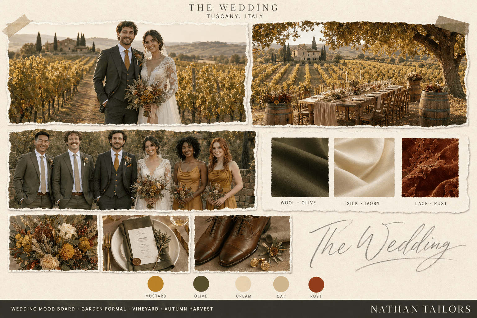 Mustard, Olive & Cream vineyard wedding attire mood board — Nathan Tailors