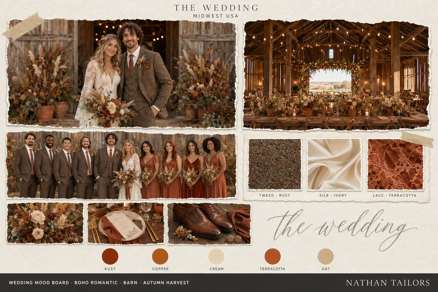 Custom wedding attire mood board by Nathan Tailors — AI-assembled scrapbook page with bride and groom, bridesmaids, groomsmen, venue, fabric swatches and colour palette. Bespoke tailoring, Hoi An, Vietnam.