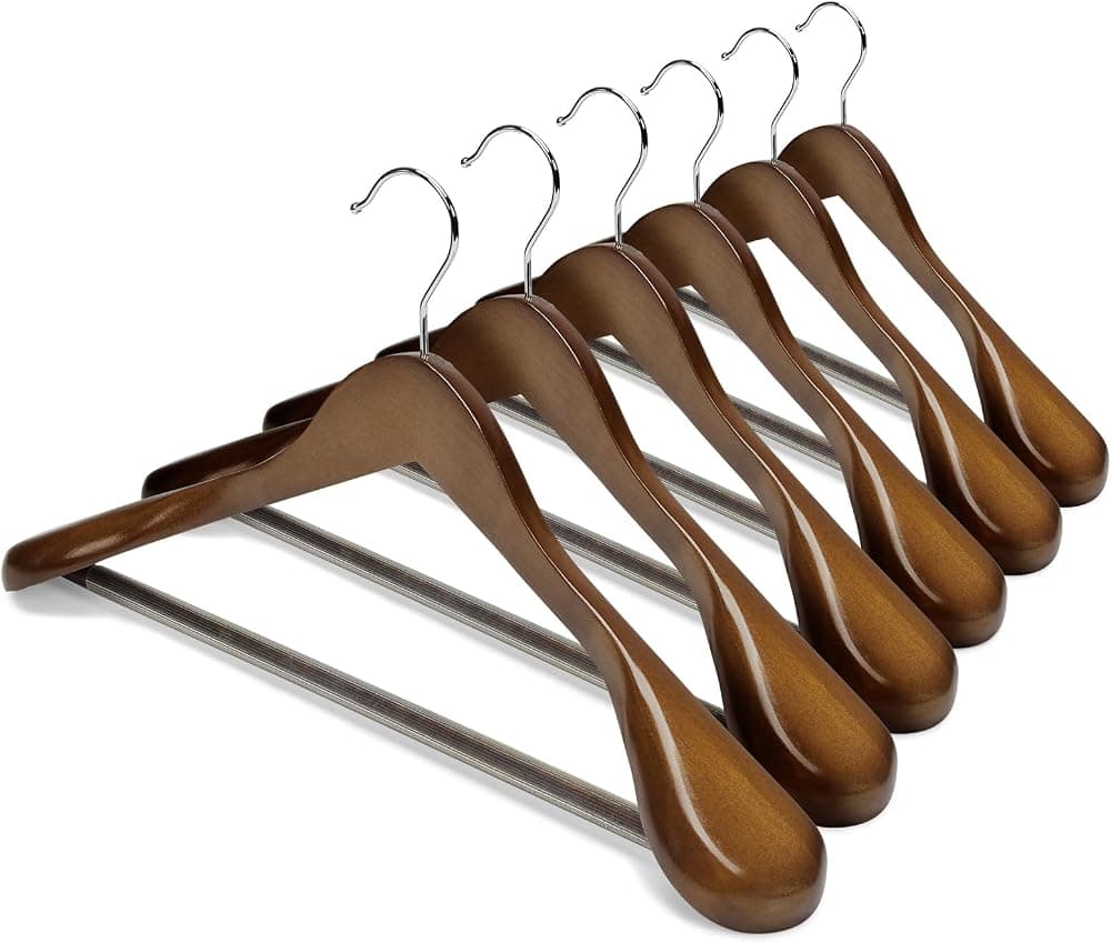 A set of wide-shouldered wooden suit hangers