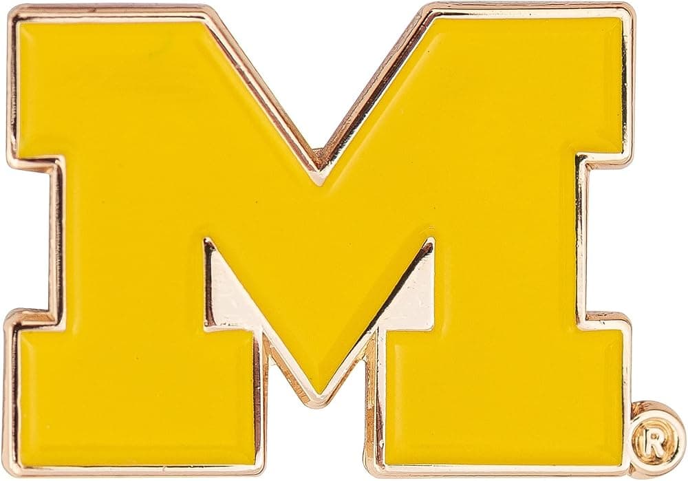 A small metal enamel university lapel pin (a University of Michigan block-M shown as an example)