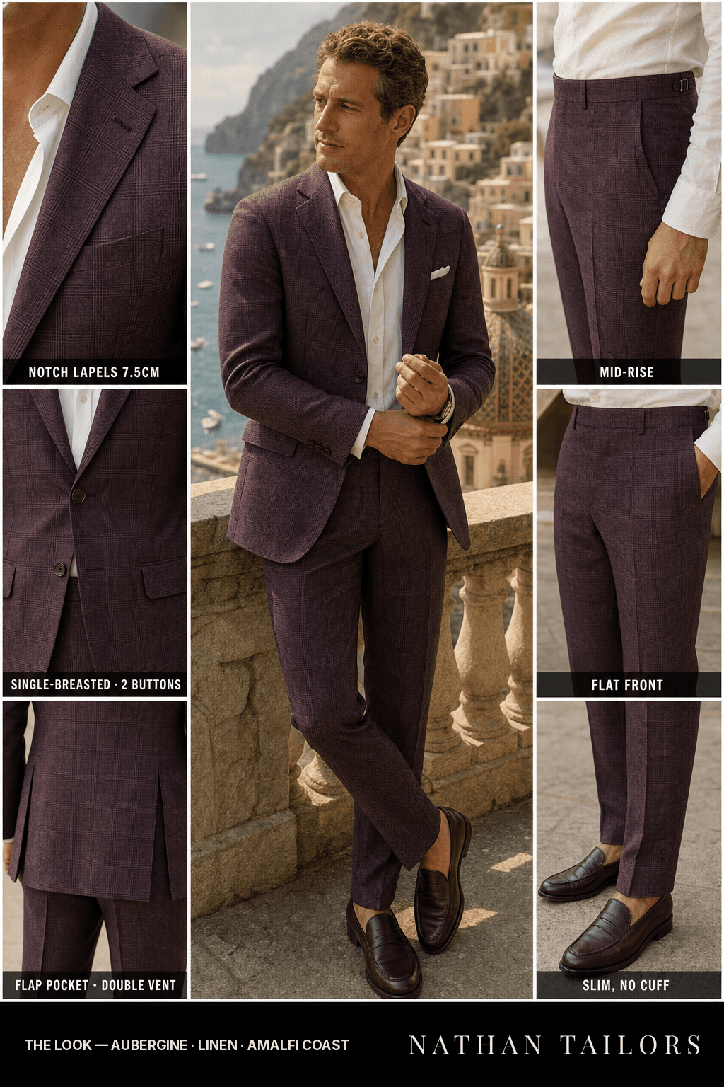 aubergine glen plaid single-breasted notch-lapel bespoke suit — AI-rendered by Nathan Tailors, the Hoi An custom tailor. Available as a custom tailored suit from $149.