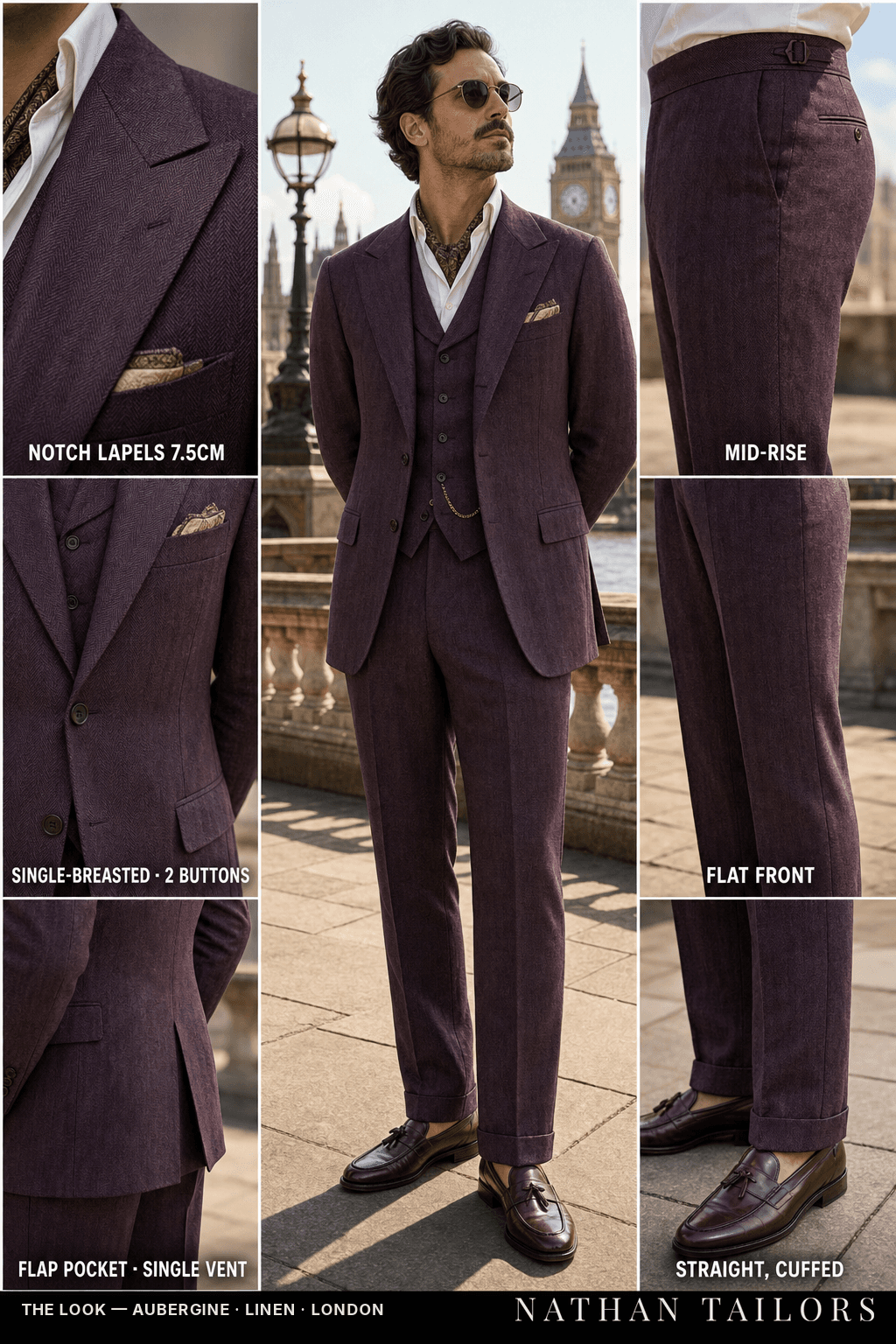aubergine herringbone single-breasted bespoke suit — custom tailored by Nathan Tailors, the Hoi An custom tailor
