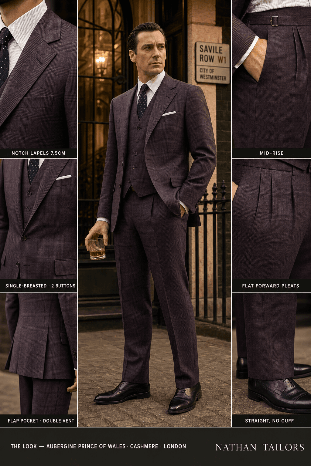 aubergine prince of wales glen plaid single-breasted notch-lapel bespoke suit — AI-rendered by Nathan Tailors, the Hoi An custom tailor. Available as a custom tailored suit from $149.