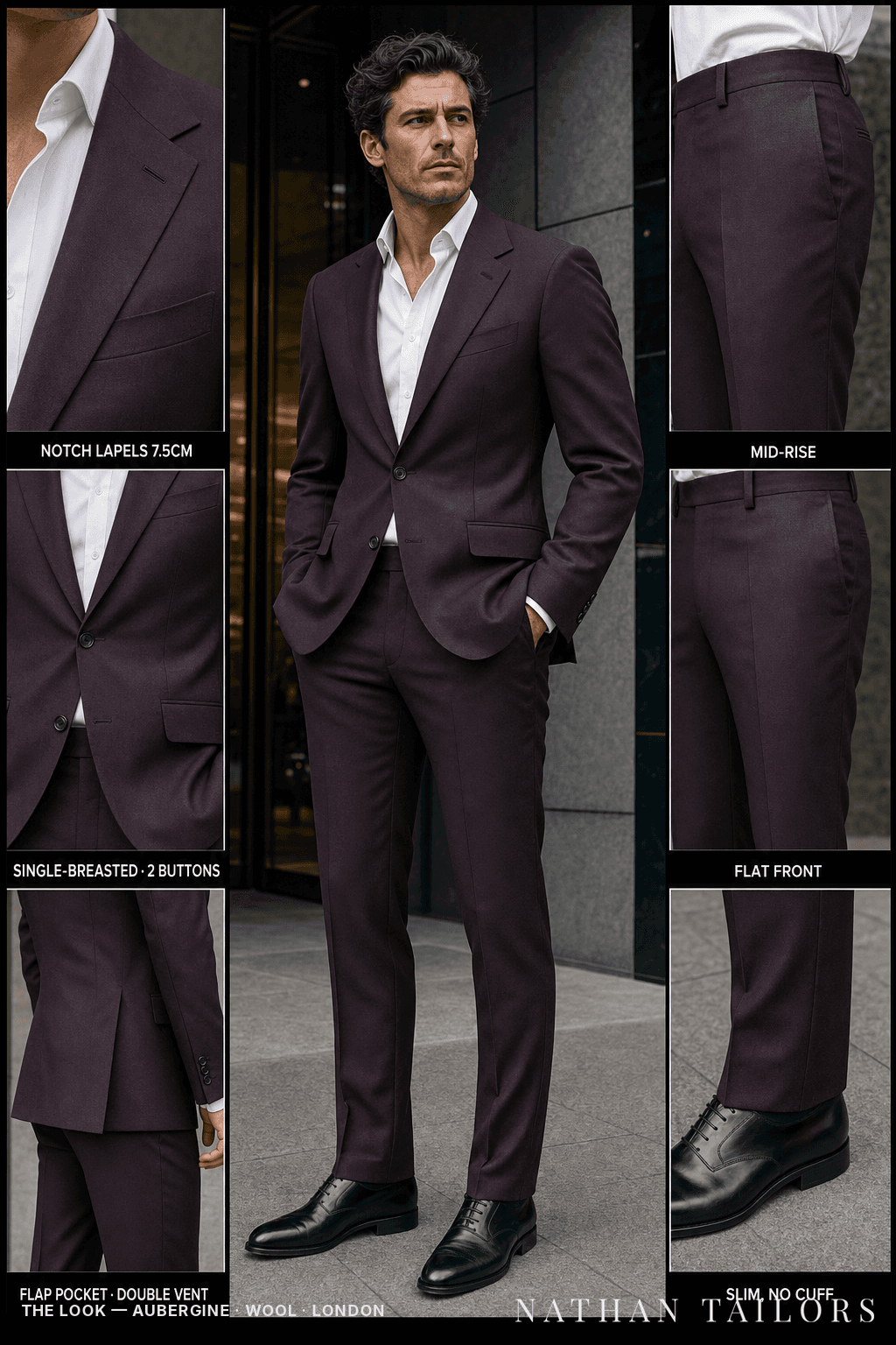 aubergine single-breasted notch-lapel bespoke suit — AI-rendered by Nathan Tailors, the Hoi An custom tailor. Available as a custom tailored suit from $149.