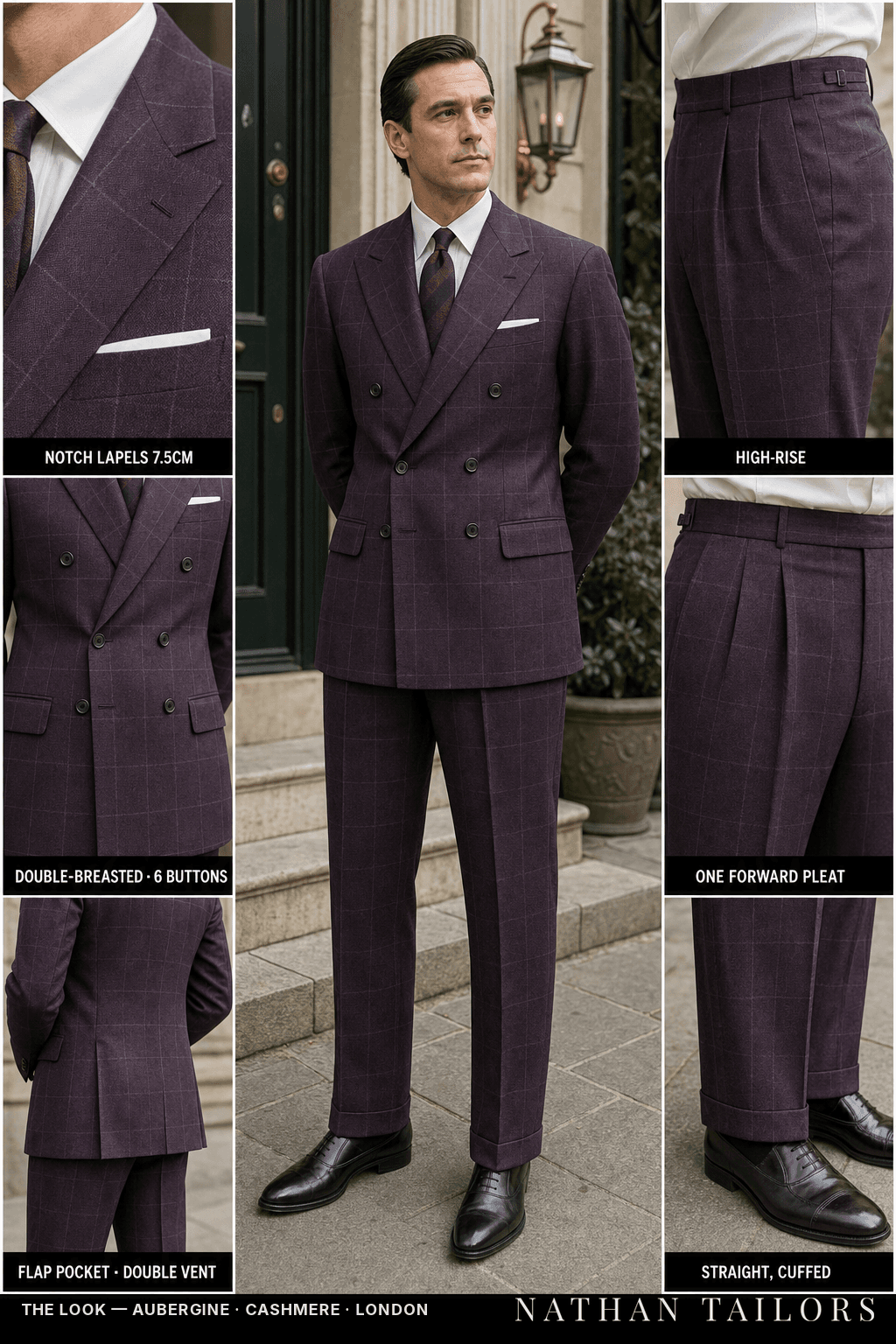 aubergine windowpane double-breasted bespoke suit — custom tailored by Nathan Tailors, the Hoi An custom tailor