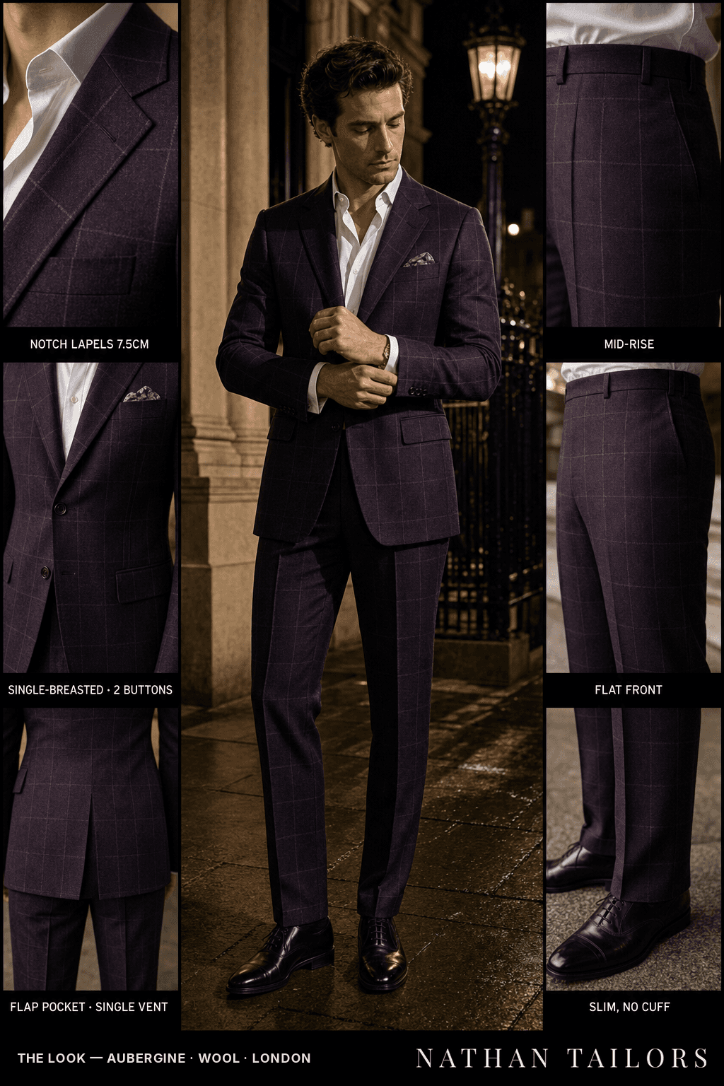 aubergine windowpane single-breasted bespoke suit — custom tailored by Nathan Tailors, the Hoi An custom tailor