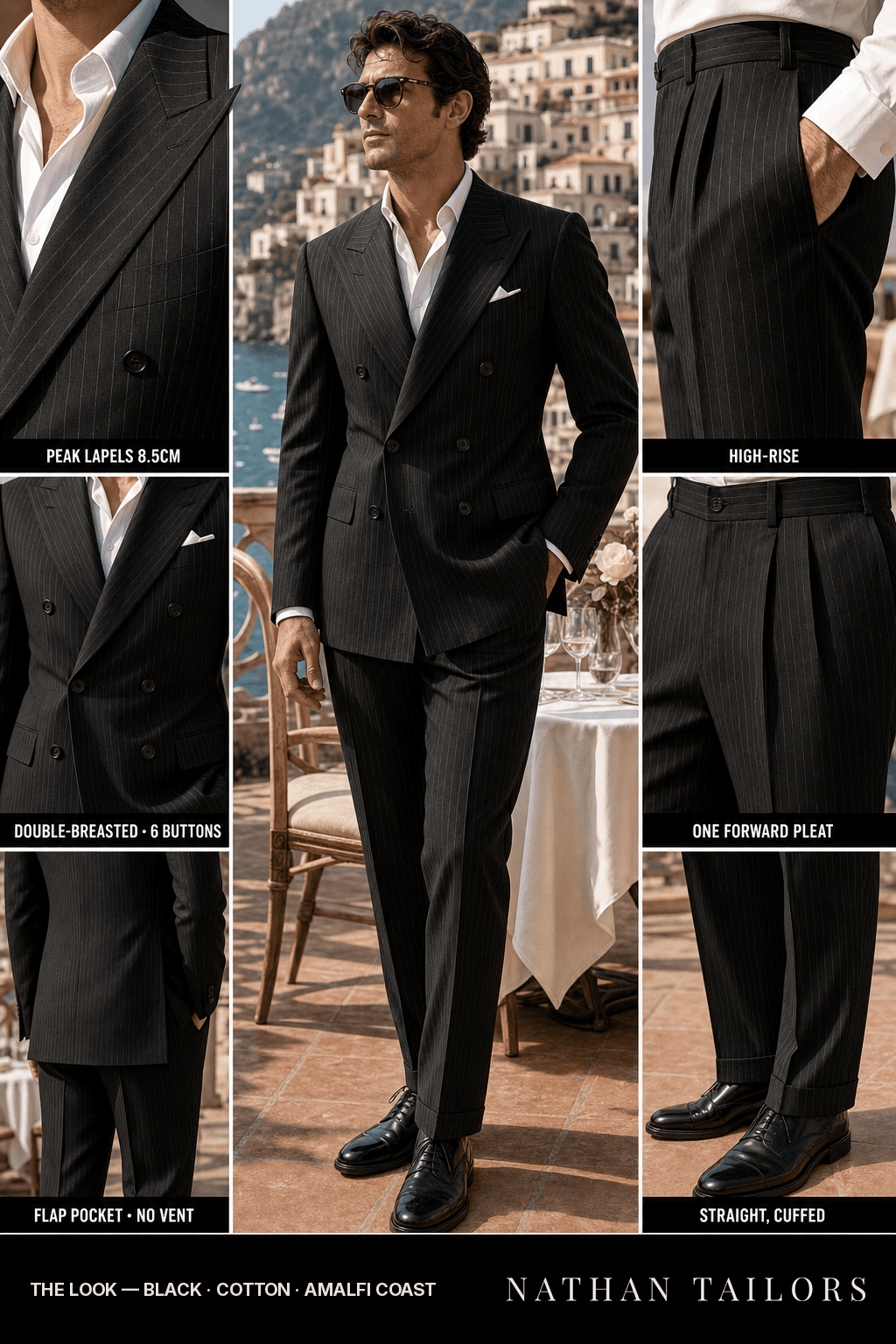 black pinstripe double-breasted bespoke suit — custom tailored by Nathan Tailors, the Hoi An custom tailor