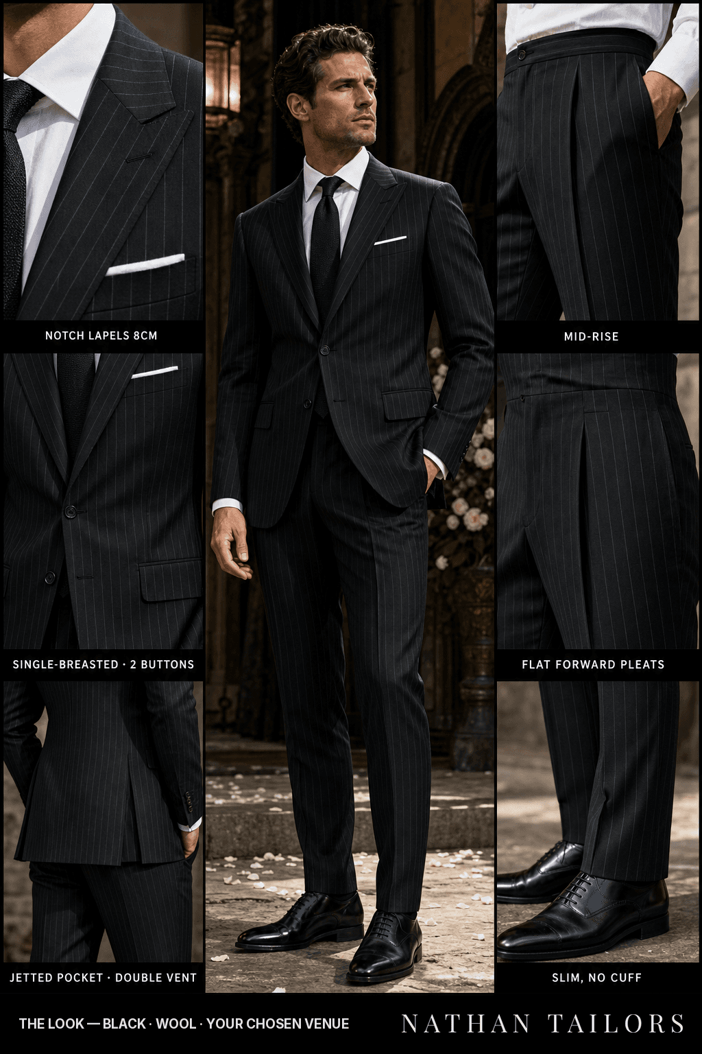 black pinstripe single-breasted bespoke suit — custom tailored by Nathan Tailors, the Hoi An custom tailor
