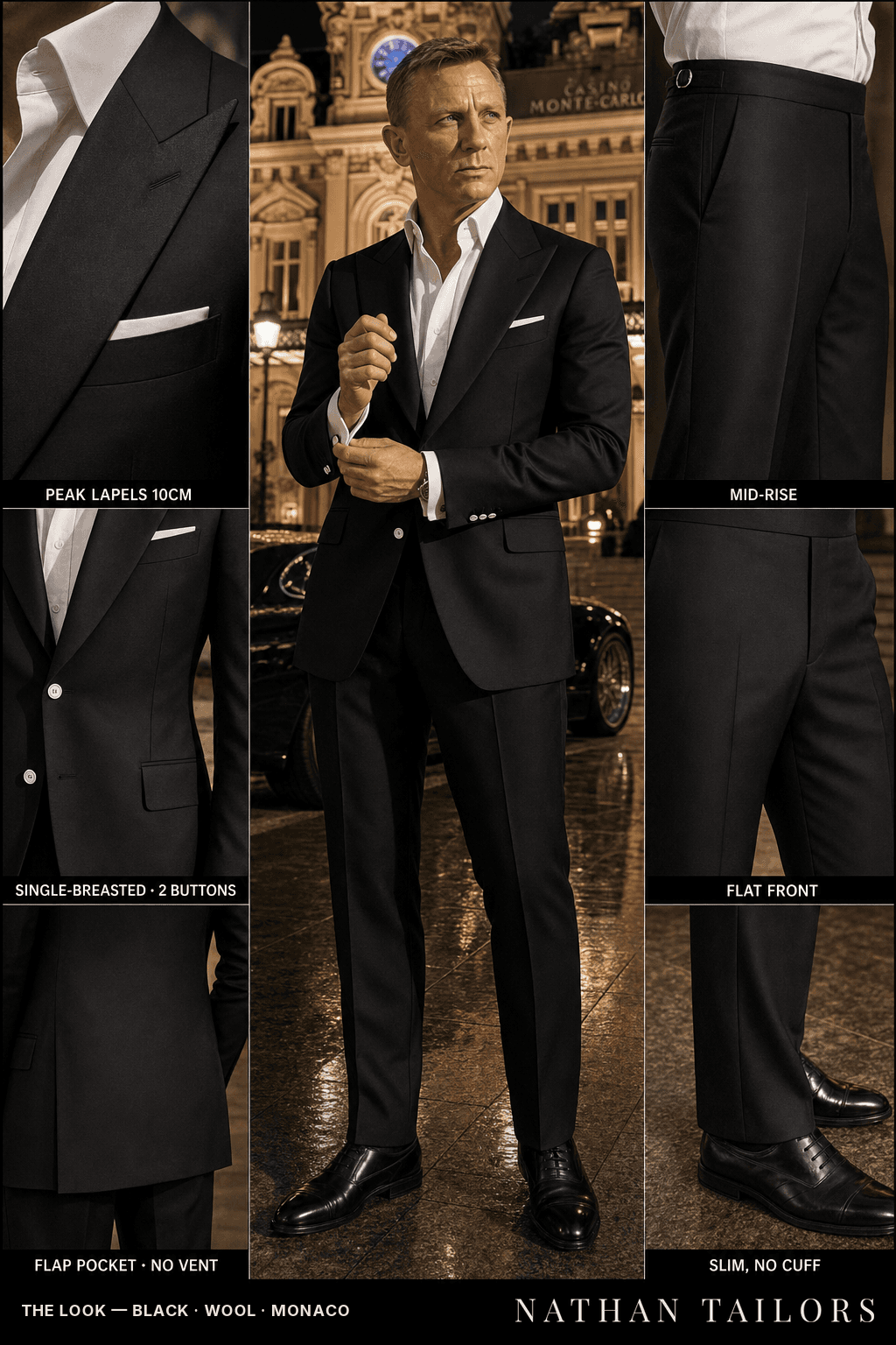 black single-breasted peak-lapel bespoke suit — AI-rendered by Nathan Tailors, the Hoi An custom tailor. Available as a custom tailored suit from $149.