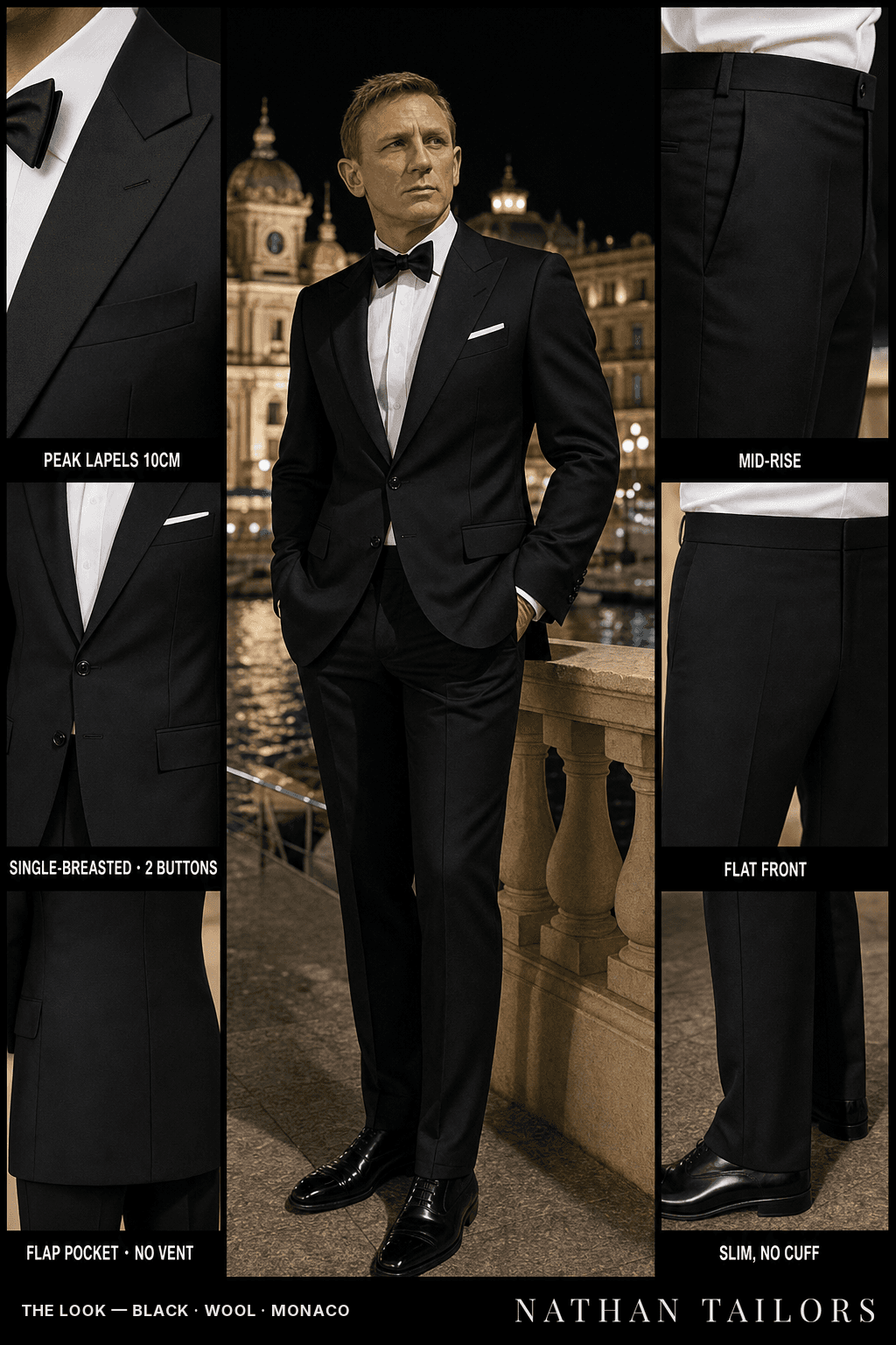 black single-breasted peak-lapel bespoke suit — AI-rendered by Nathan Tailors, the Hoi An custom tailor. Available as a custom tailored suit from $149.