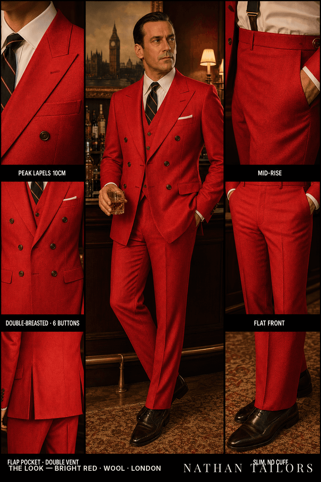 bright red herringbone double-breasted bespoke suit — custom tailored by Nathan Tailors, the Hoi An custom tailor