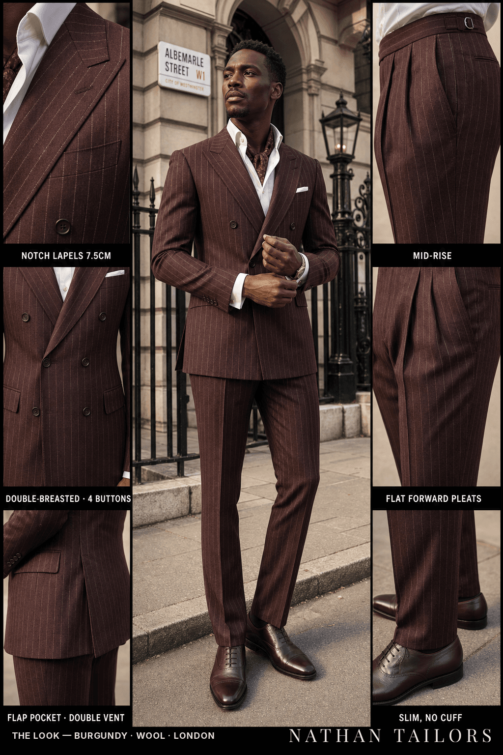 burgundy chalk_stripe double-breasted bespoke suit — custom tailored by Nathan Tailors, the Hoi An custom tailor