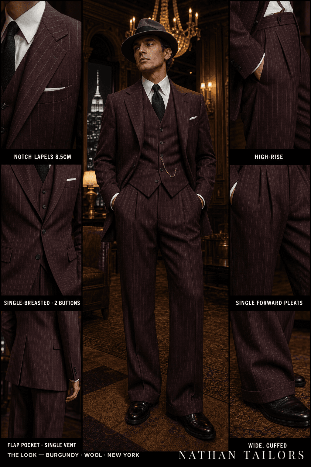 burgundy pinstripe single-breasted bespoke suit — custom tailored by Nathan Tailors, the Hoi An custom tailor