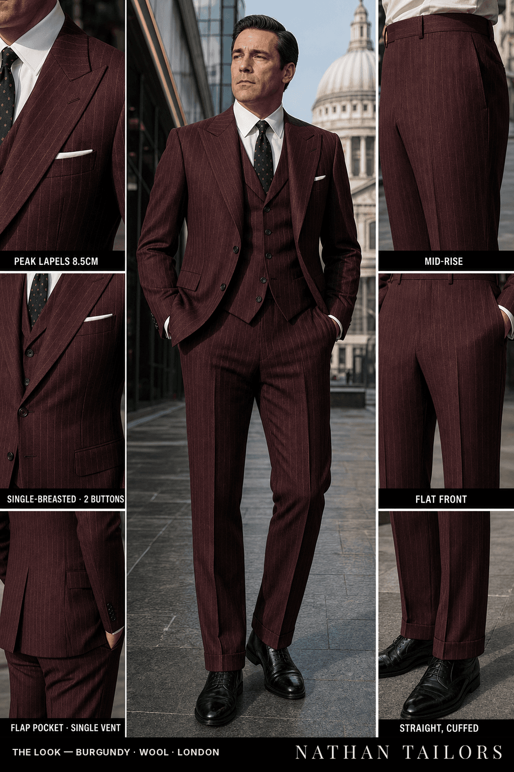burgundy pinstripe single-breasted bespoke suit — custom tailored by Nathan Tailors, the Hoi An custom tailor