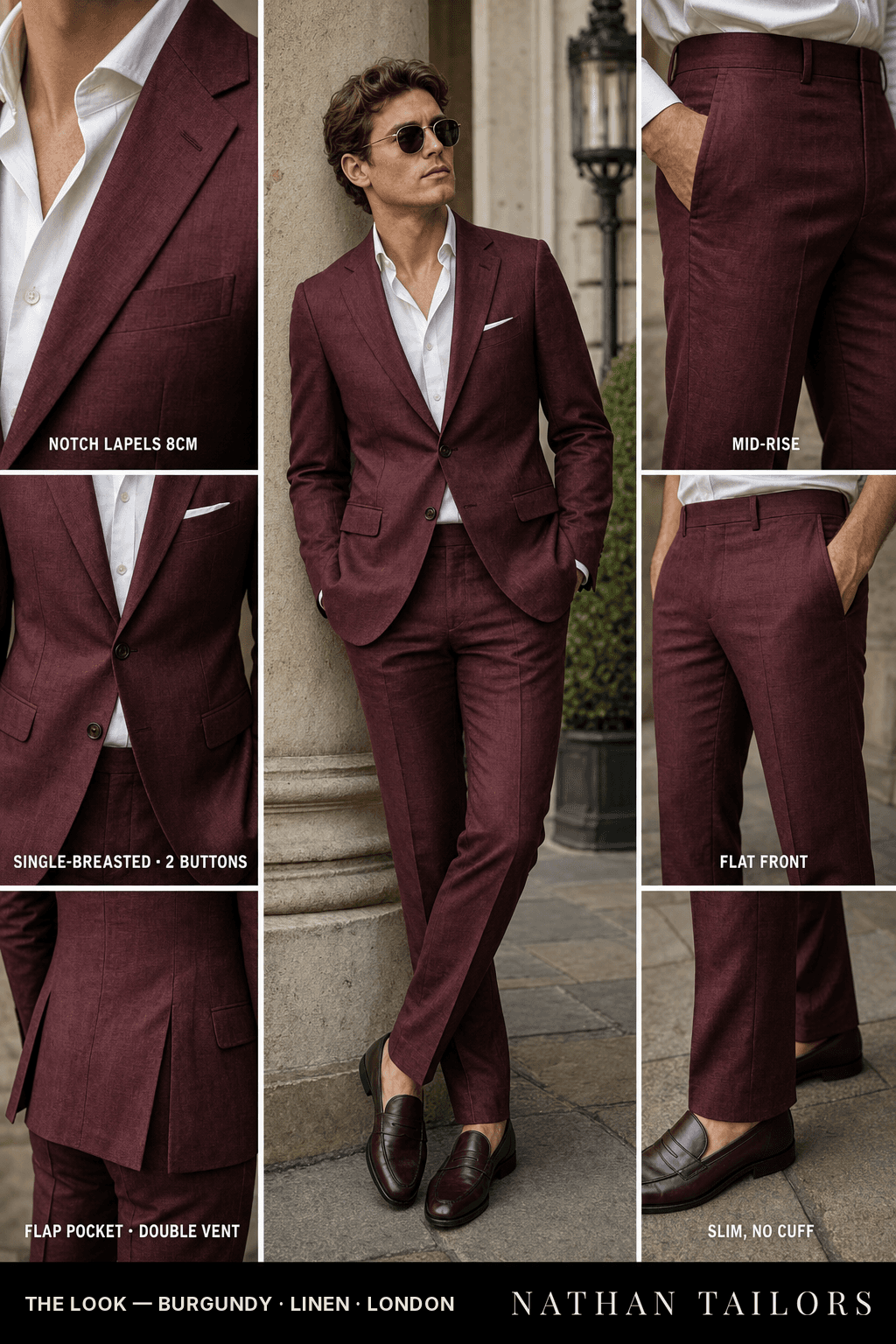 burgundy single-breasted bespoke suit — custom tailored by Nathan Tailors, the Hoi An custom tailor