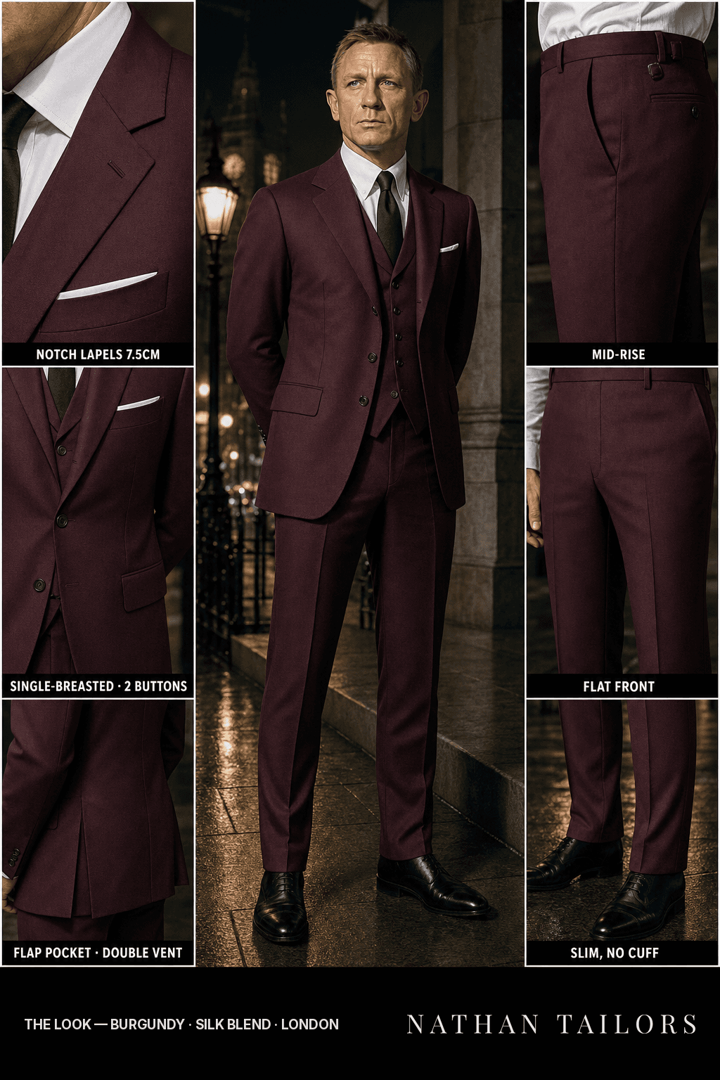 burgundy single-breasted bespoke suit — custom tailored by Nathan Tailors, the Hoi An custom tailor