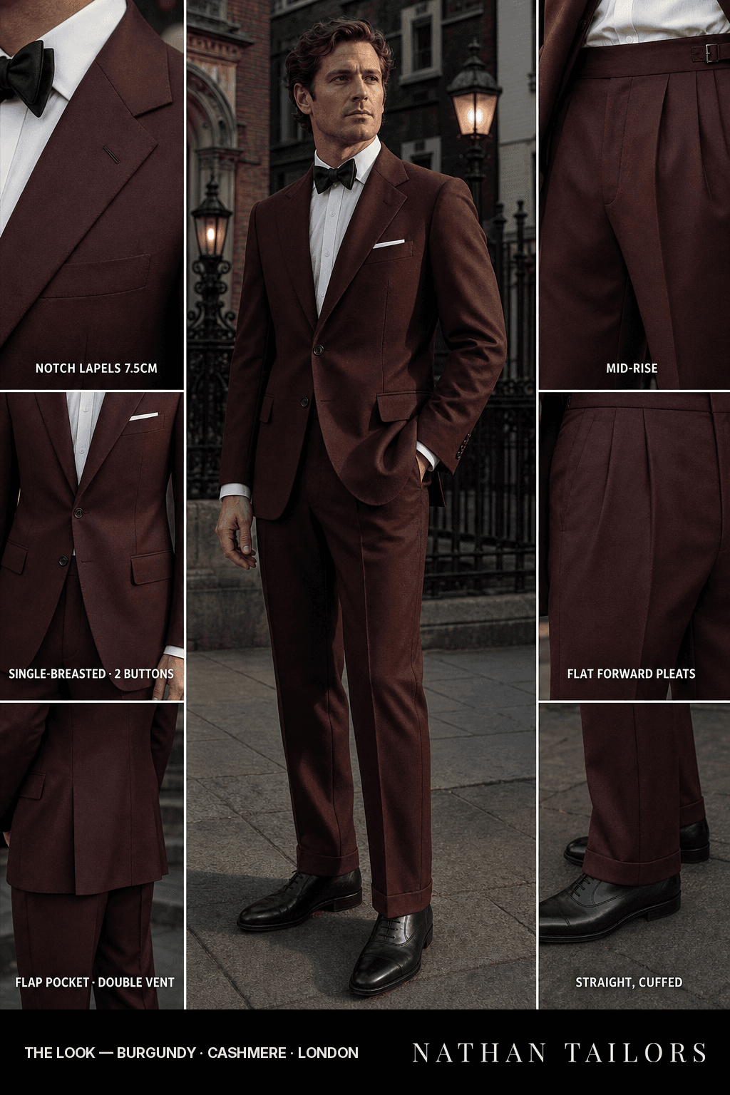 burgundy single-breasted notch-lapel bespoke suit — AI-rendered by Nathan Tailors, the Hoi An custom tailor. Available as a custom tailored suit from $149.