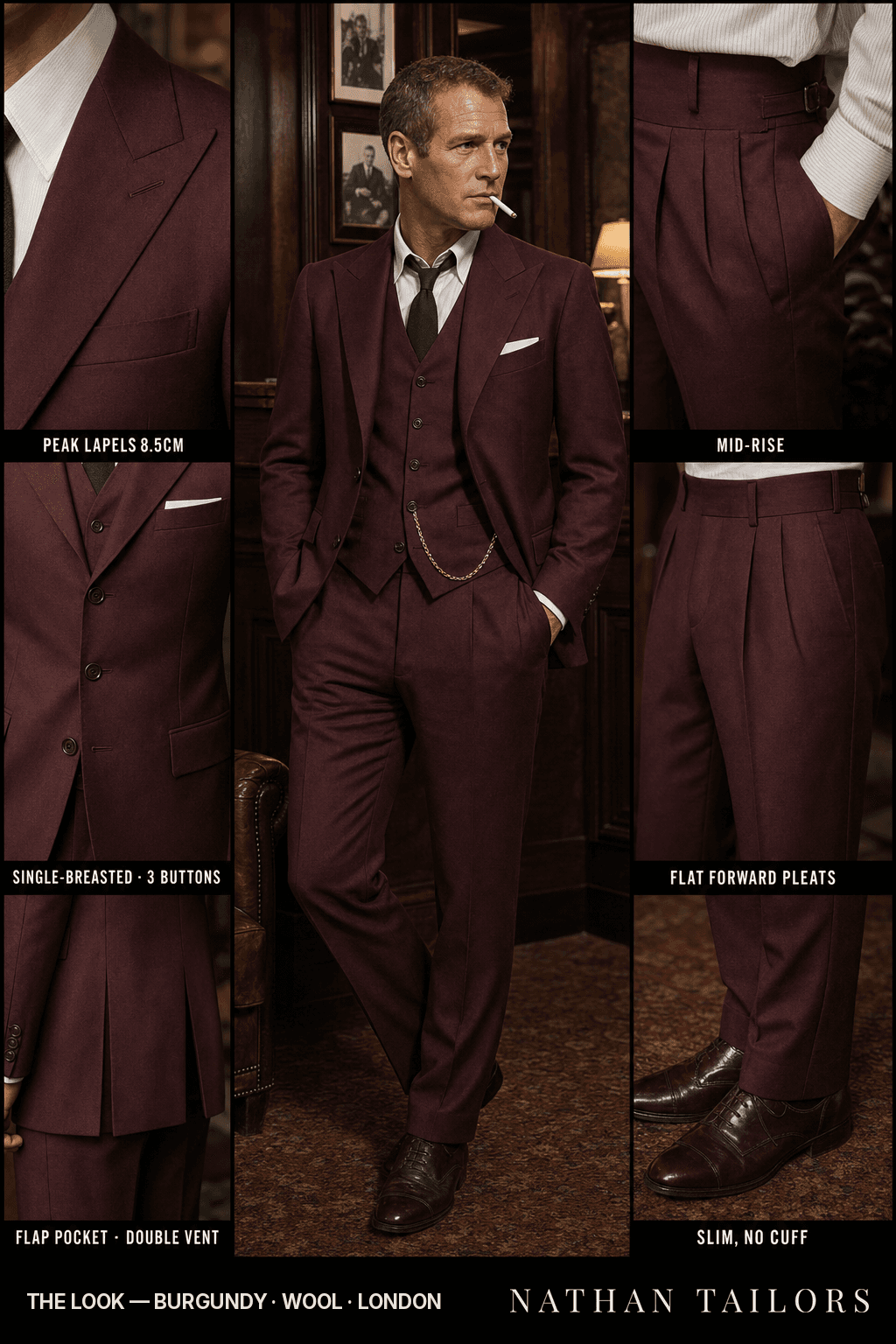 burgundy single-breasted peak-lapel bespoke suit — AI-rendered by Nathan Tailors, the Hoi An custom tailor. Available as a custom tailored suit from $149.